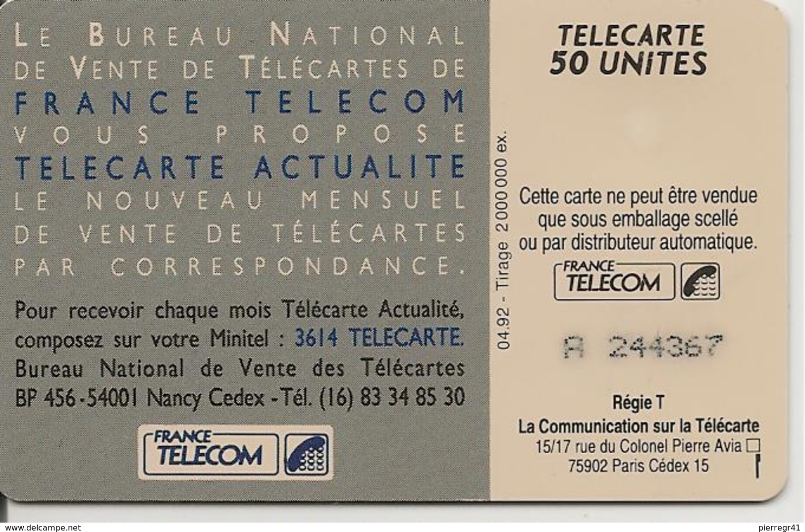 CARTE°-PUBLIC-F273-50U-04/ 92-SO2-TELECARTE ACTUALITE- V° N° A 244367-UTILISE- TBE-RARE- - 1992