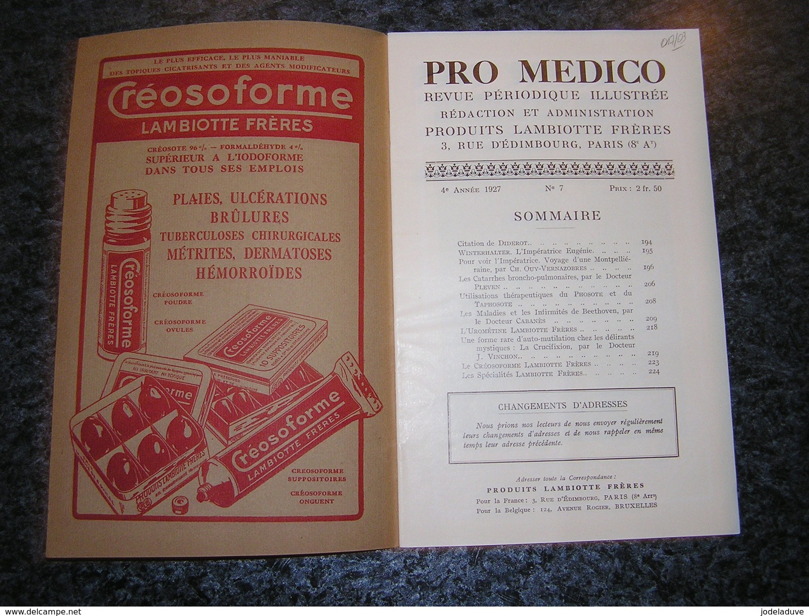 PRO MEDICO Revue N° 7 Année 1927 Lambiotte Médecine Maladie Et Infirmités De Beethoven Crucifixion Impératrice - Geschiedenis