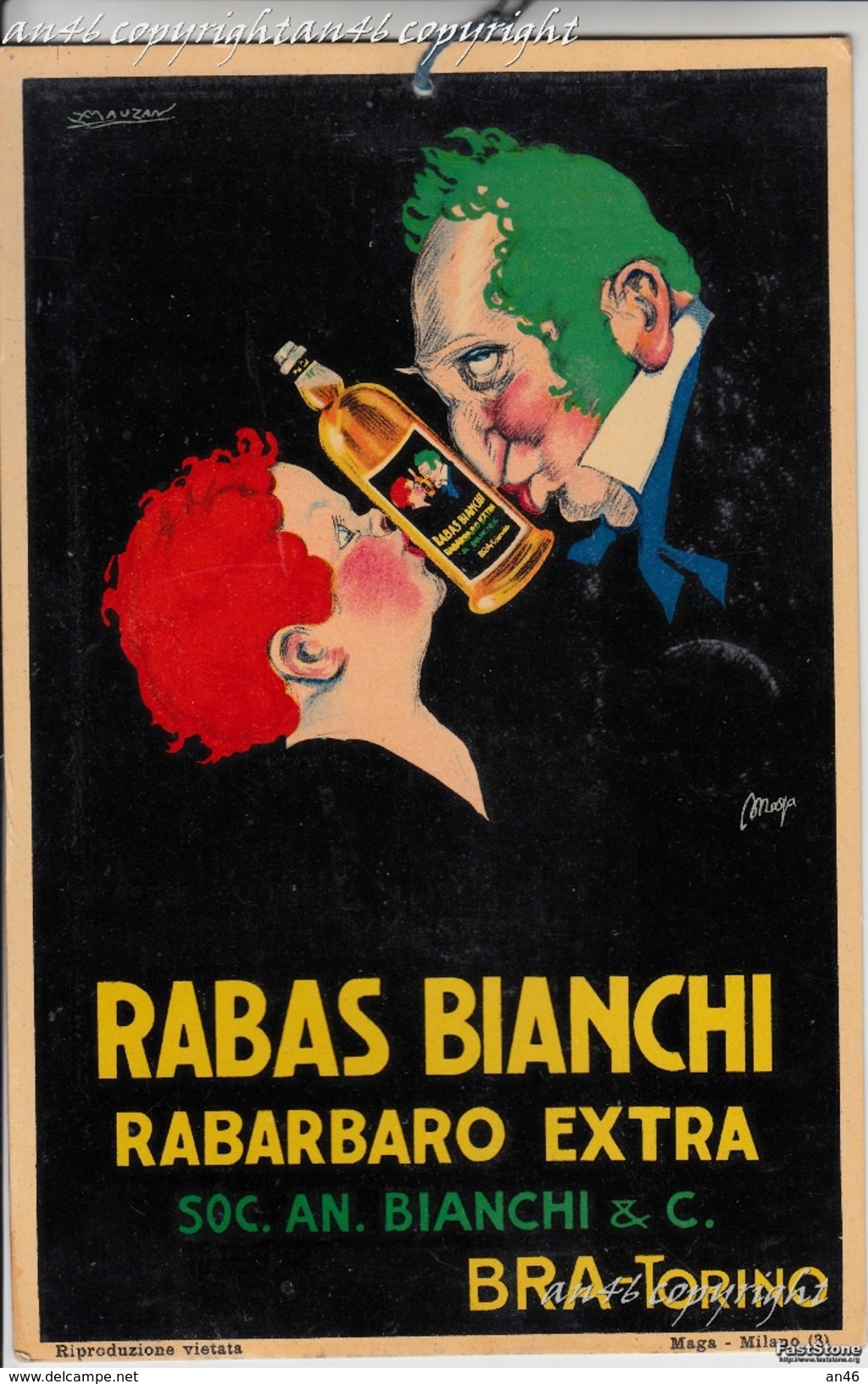 Carton 17cm X 26 Cm_Pubblicità_Advertising_Ill.Mauzan"RABAS BIANCHI" Rabarbaro Extra_Soc.An.Bianchi & C._BRA_TORINO-Orig - Plaques En Carton