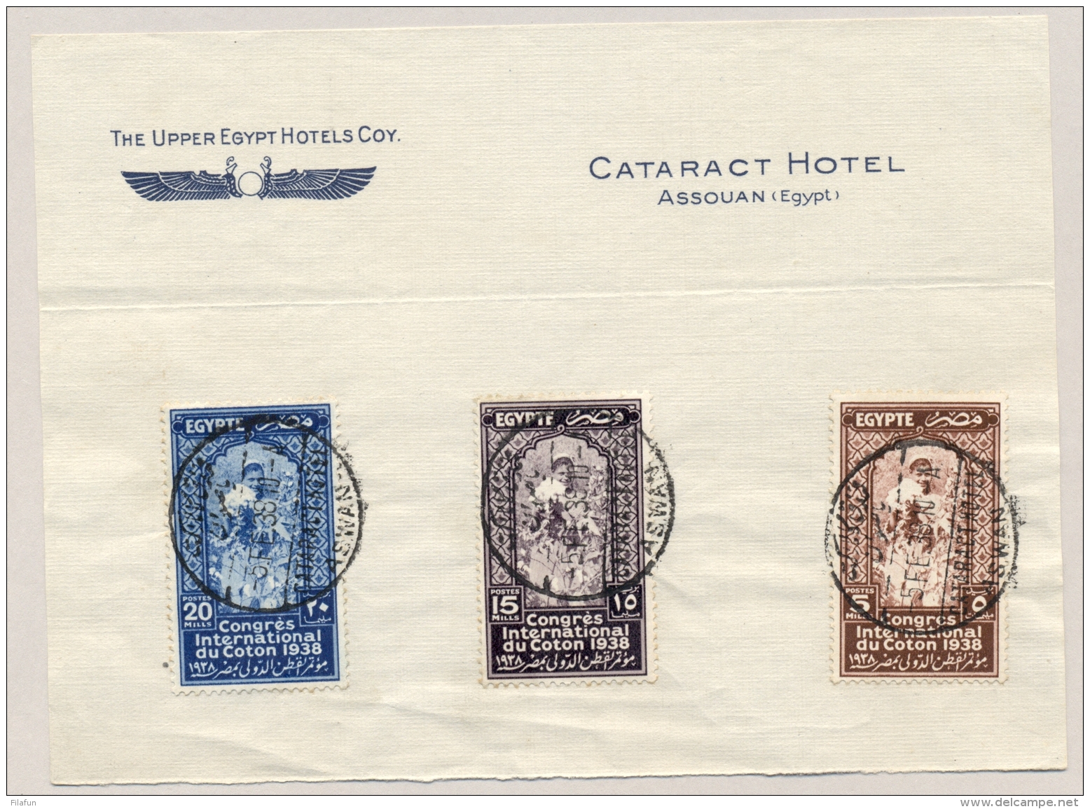 Egypte - 1938 - Congres International Du Coton - Set On Piece With Cancel Cataract Hotel Aswan - Brieven En Documenten