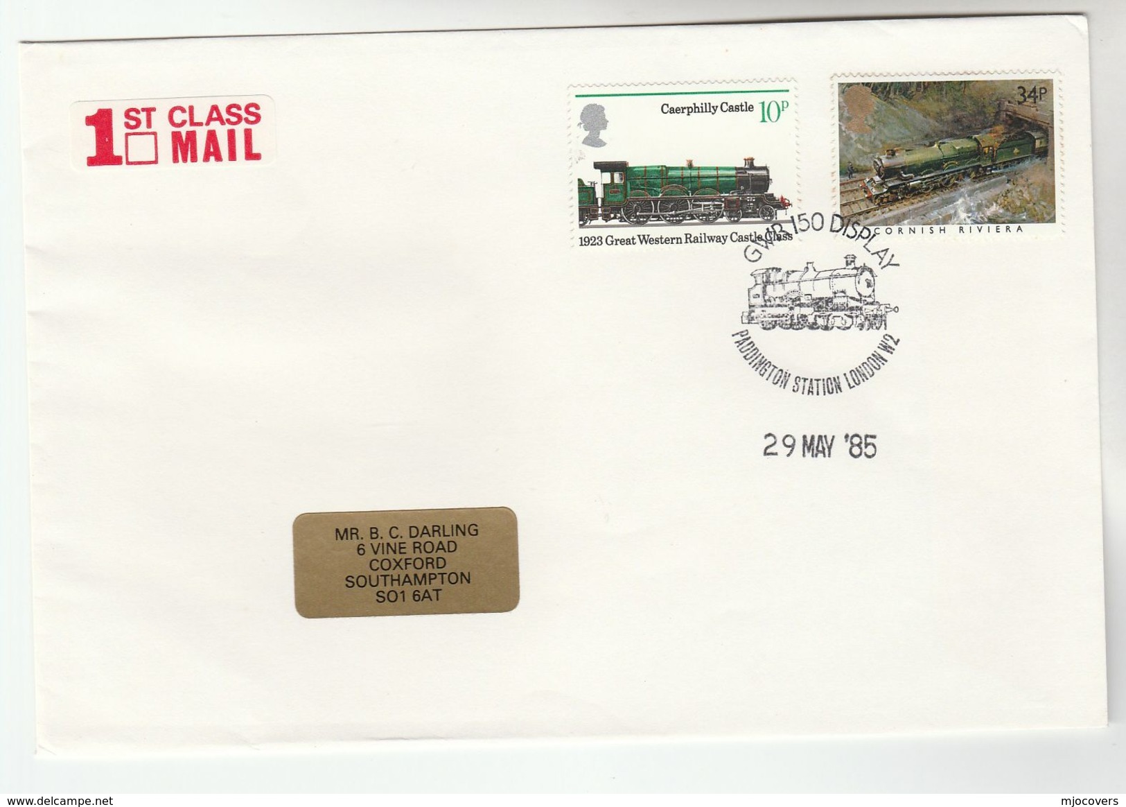 1985 GB Stamps  COVER EVENT Pmk PADDINGTON RAILWAY STATION DISPLAY GWR TRAIN Anniv Steam Train - Trains