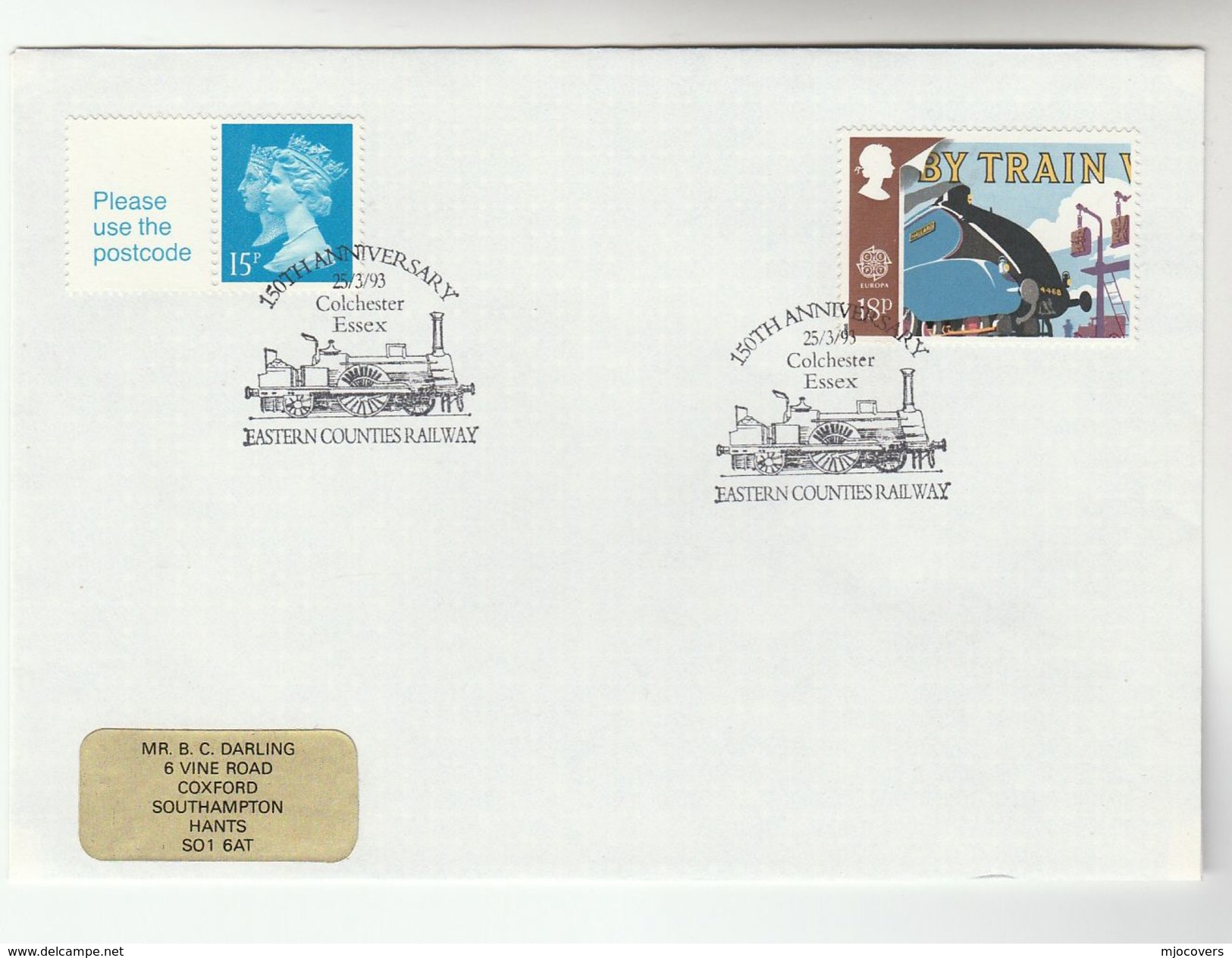 1993 GB Stamps  COVER EVENT Pmk COLCHESTER RAILWAY  Anniv Steam Train - Trains