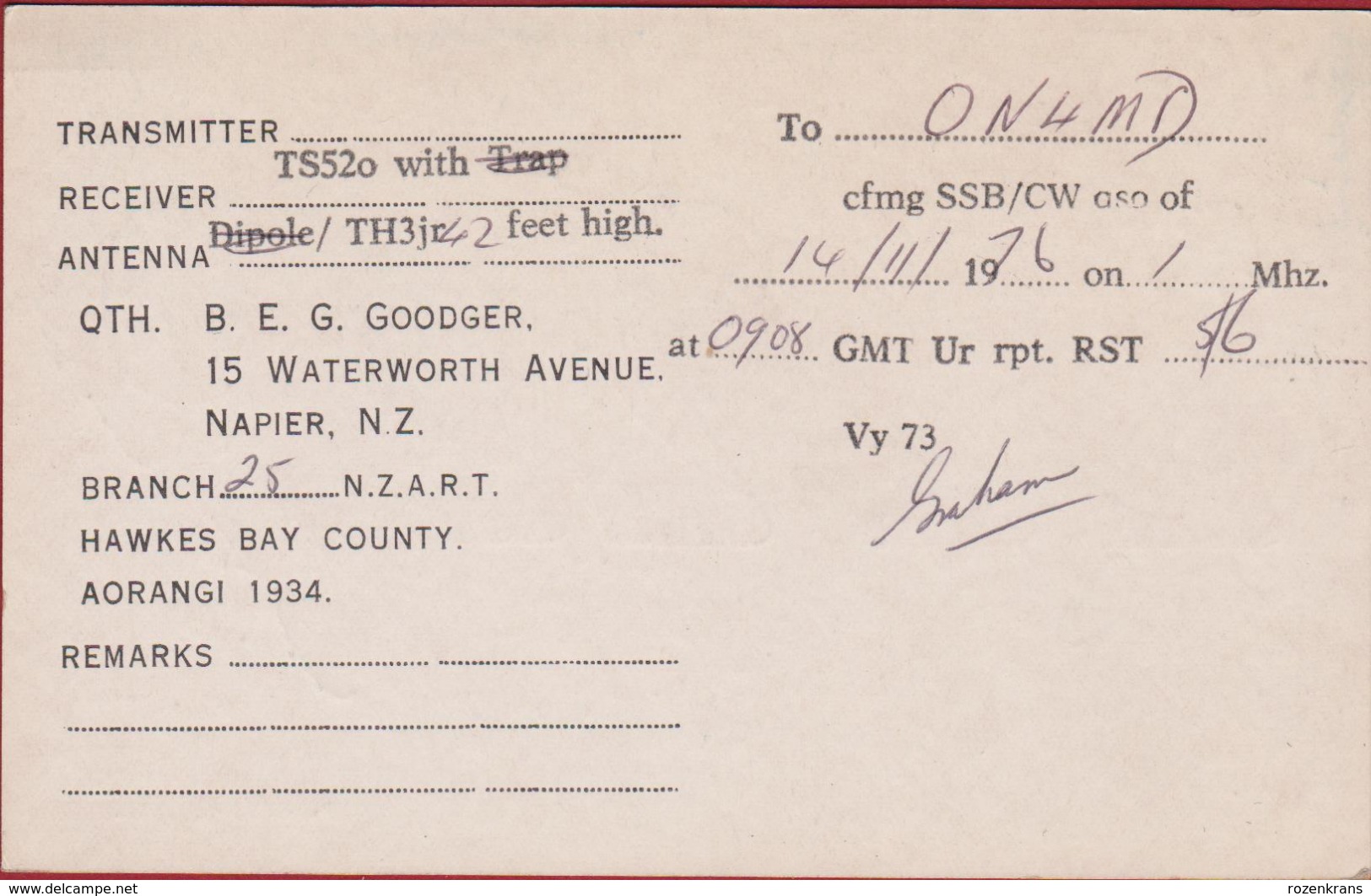 New Zealand Napier Hawkes Bay County Aorangi QSL Card Amateur Radio Station 1976 Kiwi Bird - Amateurfunk