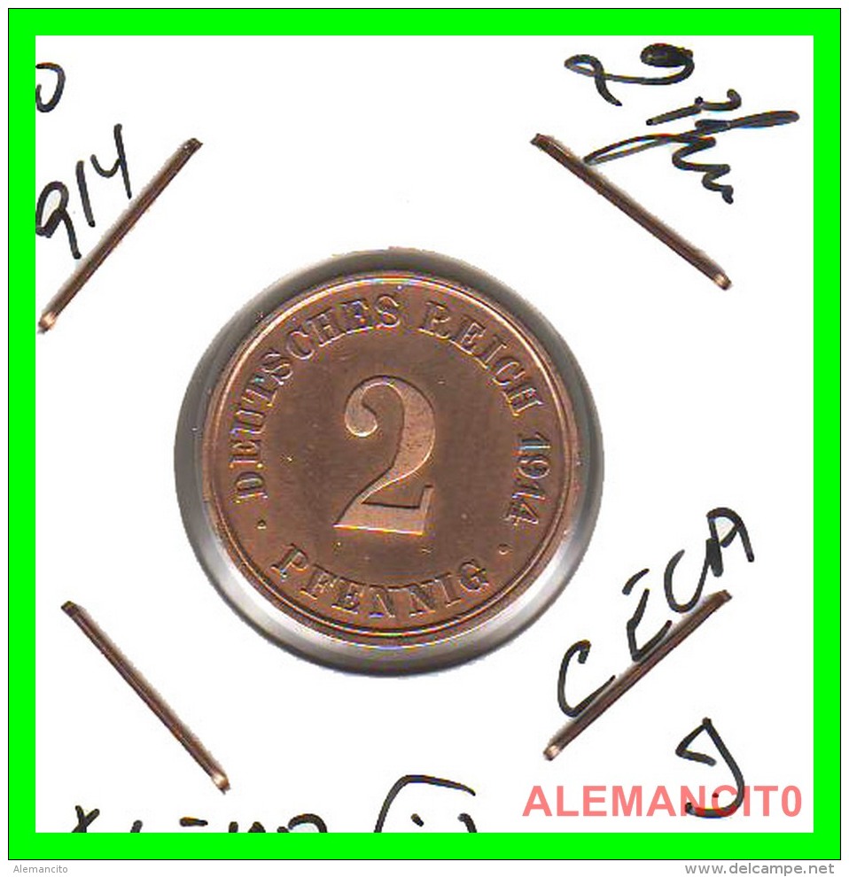 GERMANY - IMPERIO - DEUTSCHES REICH - 2 Pfn. AÑO 1914-J - Copper, 20 Mm - 2 Pfennig