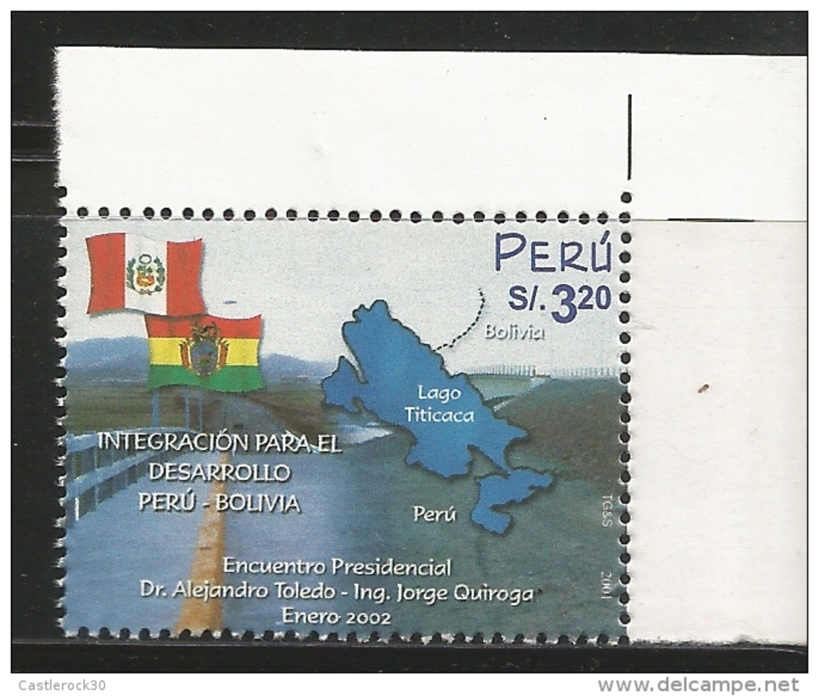 RE) 2002 PERU, MAP, FLAGS,  PRESIDENTIAL MEETING,  PERU - BOLIVIA INTEGRATION FOR DEVELOPMENT,  SC 1350 A635, S/S - Peru