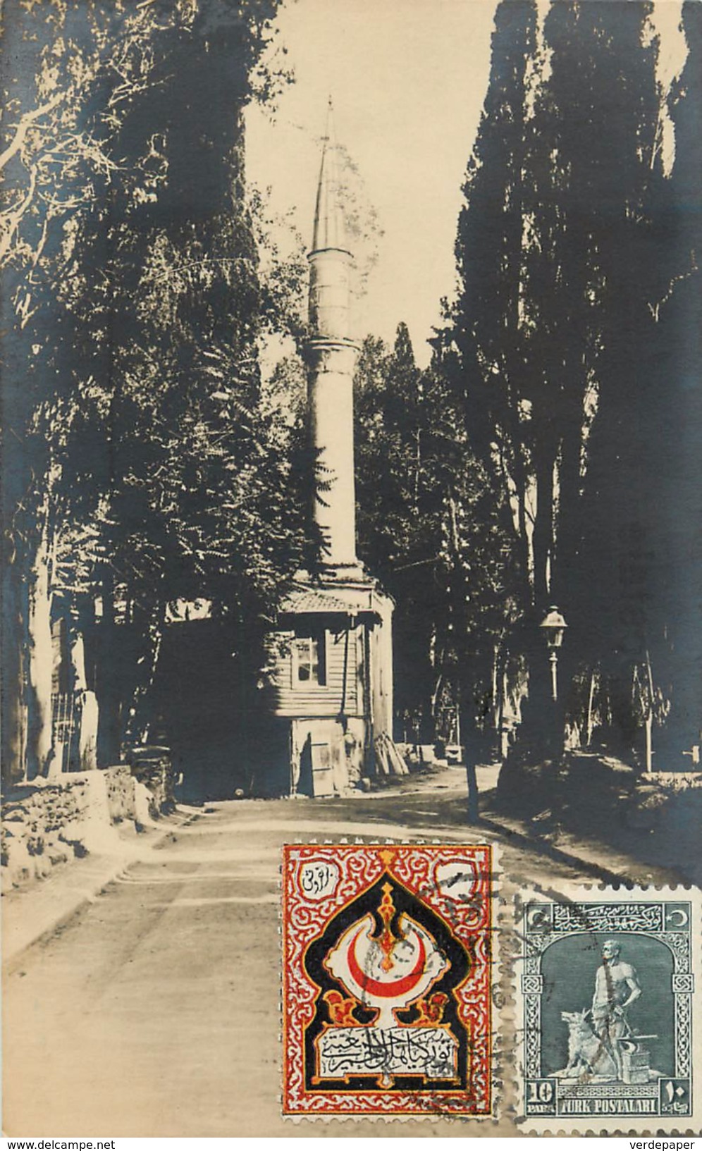 #37A. Constantinople: Mosquee (Mosque) Karadja A Scutari Postcard Scott #634 & Red Crescent Stamps Tied To Front - Turquia