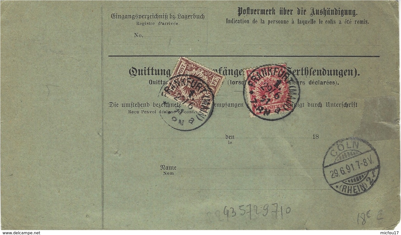 1891 - Bordereau De Colis  De Francfurt ( Main)  Affr. à 160 Pf. Avec Arrivée Cad Hexag. 18 BRUXELLES (ENTREPOT) - Sonstige & Ohne Zuordnung