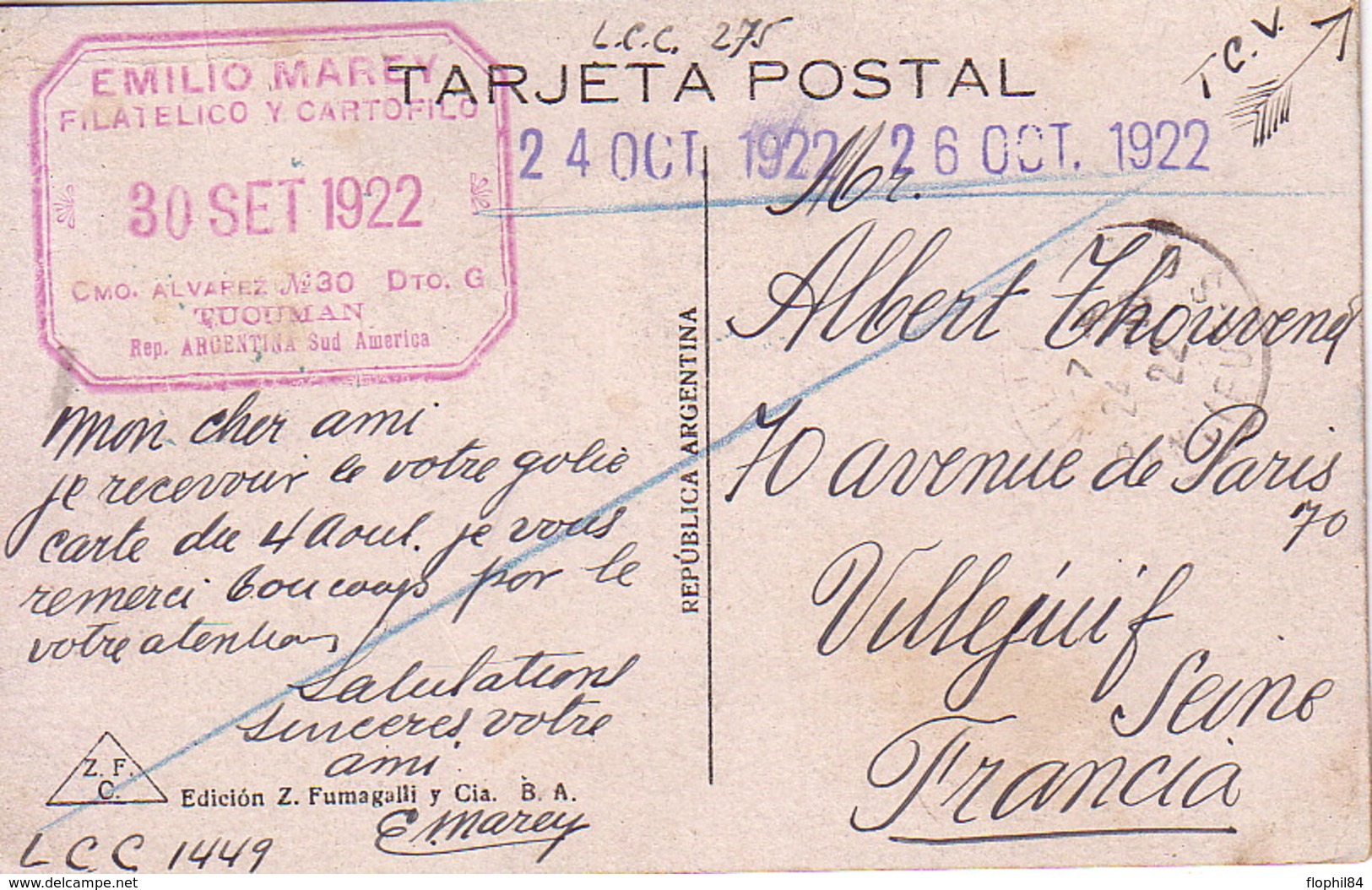 ARGENTINE - EXP TUCUMAM - CAHET BLEU - LE 24-10-1922 - BEL AFFRANCHISSEMENT POUR LA FRANCE ET BELLE CARTE - Lettres & Documents