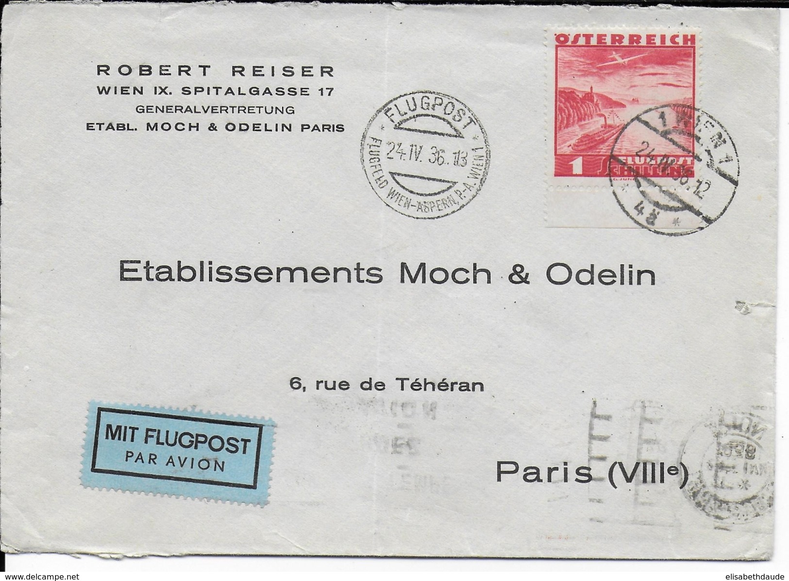 AUTRICHE - 1936 - POSTE AERIENNE 1 Sch. SEUL Sur LETTRE De WIEN FLUGPOST => PARIS - Storia Postale
