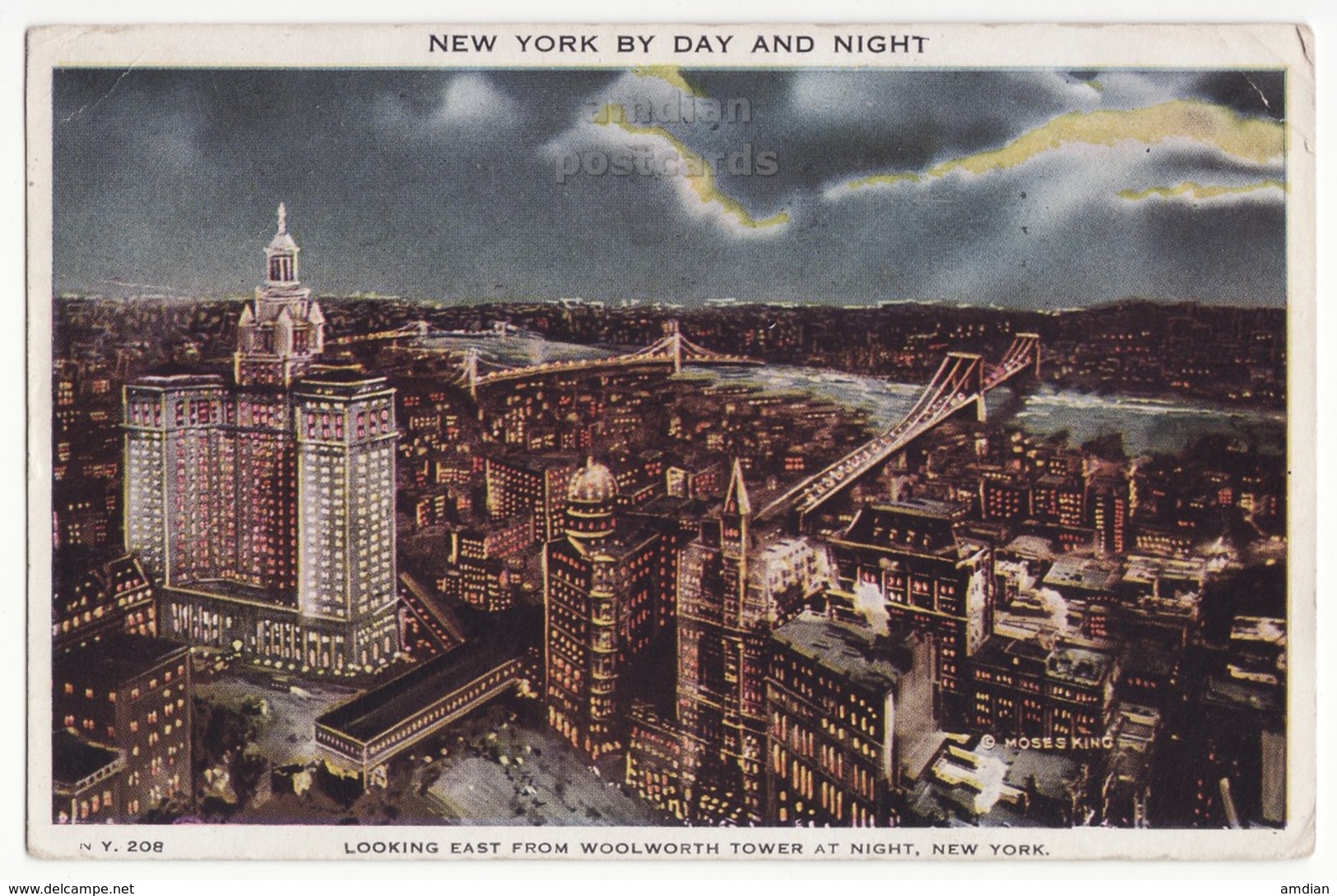 NEW YORK CITY NY C1918 Panoramic Night View Looking East From Woolworth Tower Vintage Postcard - Multi-vues, Vues Panoramiques