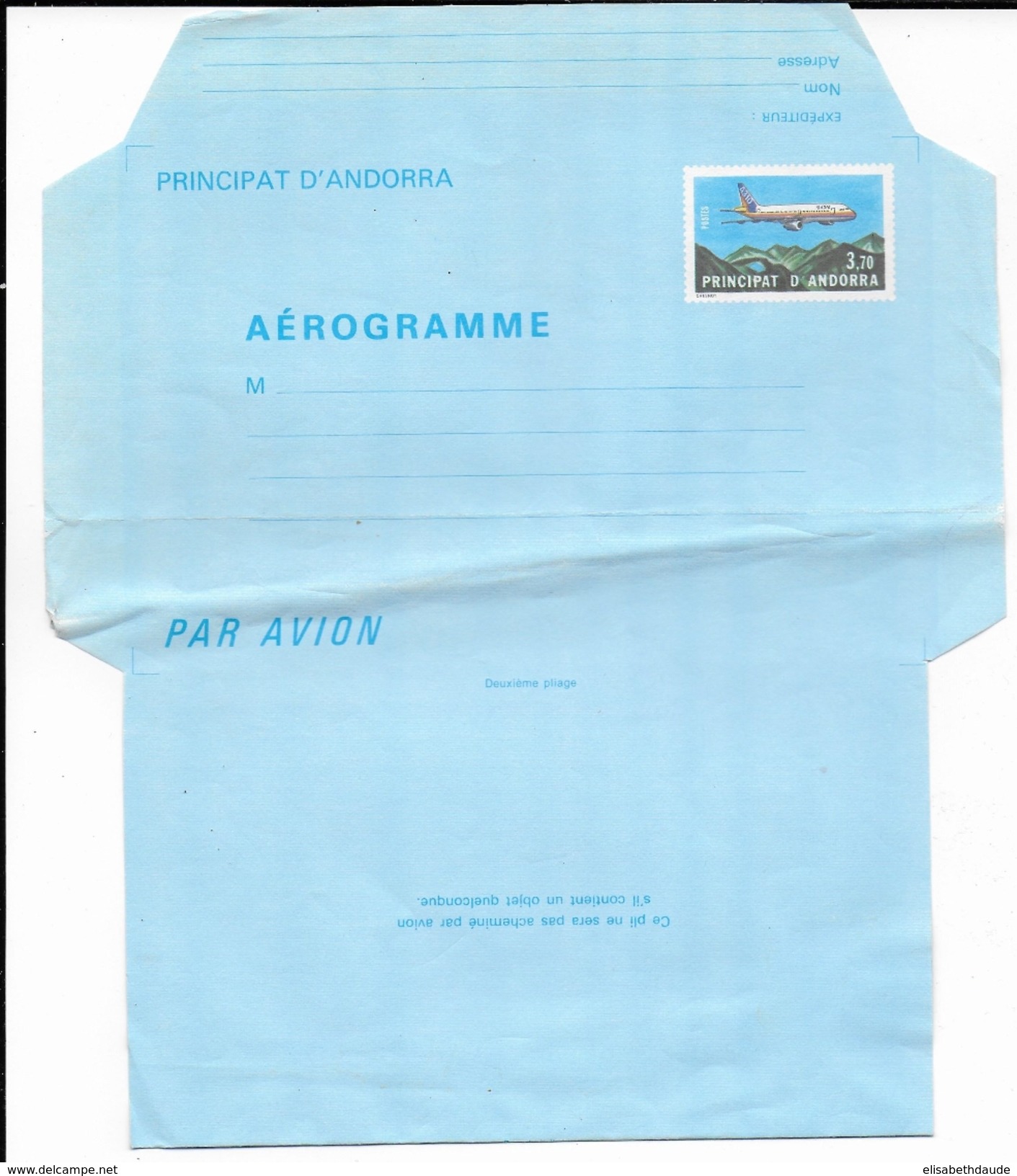 ANDORRE - 1985 - LETTRE AEROGRAMME Avec PLI DIAGONAL - Ganzsachen & Prêts-à-poster
