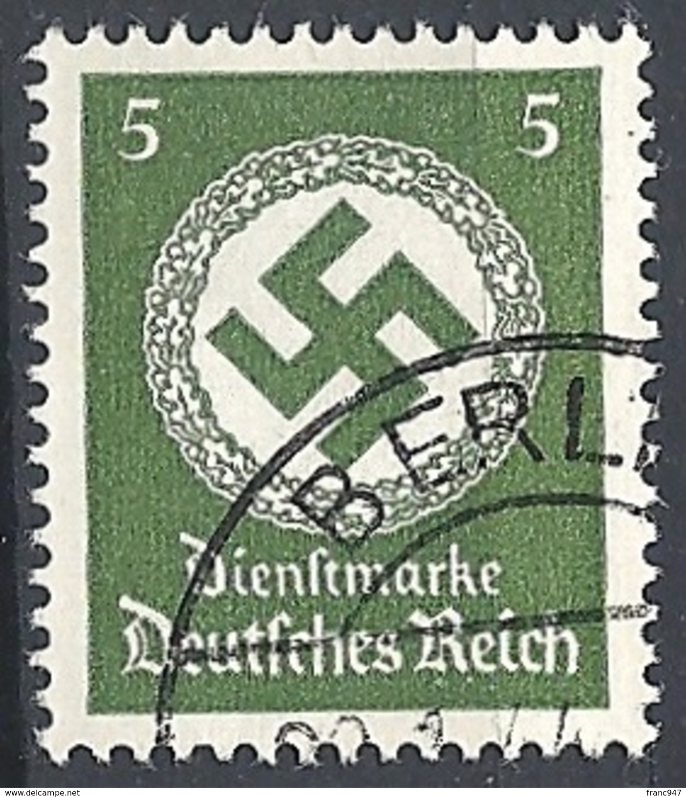 Germania - 1942 Croce Uncinata 5p Verde Scuro Senza F. # Michel 168 - Scott O94 - Unificato Tx129 - Usato - Oficial