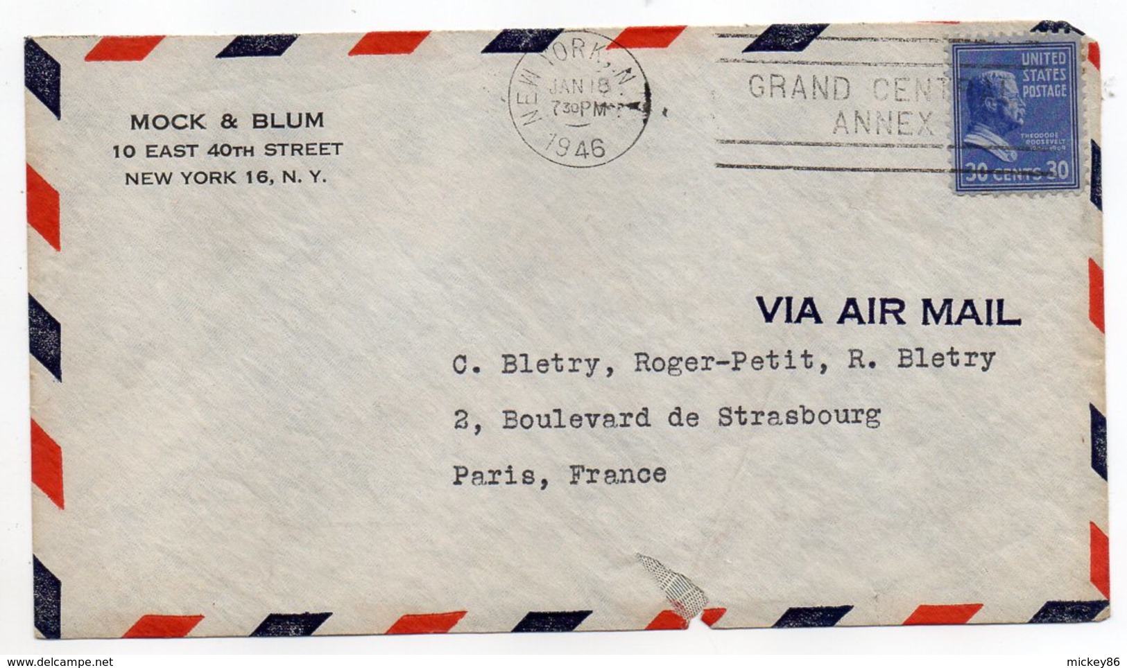 Etats-Unis-1946--lettre De New-York Pour PARIS(France)--cachet--timbre Seul Sur Lettre Personnalisée MOCK & BLUM - Covers & Documents