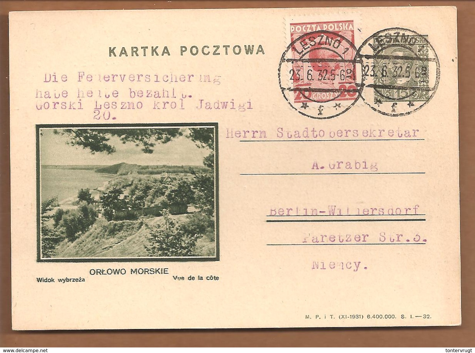 Polen Bildpostkarte Ortowo Morskie. Vue De La Cote. Leszno 1932 - Ganzsachen