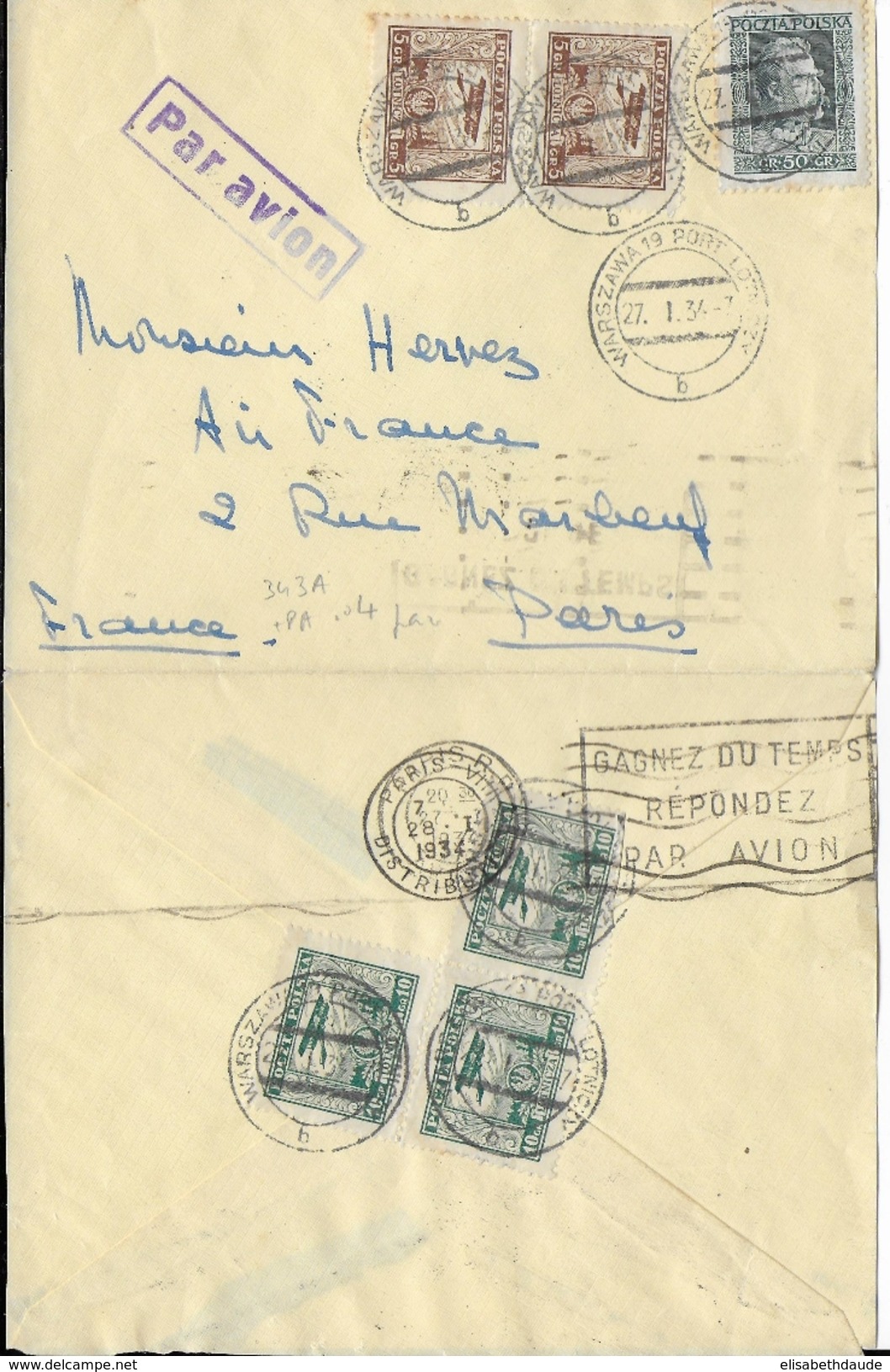 POLOGNE - 1934 - ENVELOPPE Par AVION De VARSOVIE => PARIS - POSTE AERIENNE - Posta Aerea