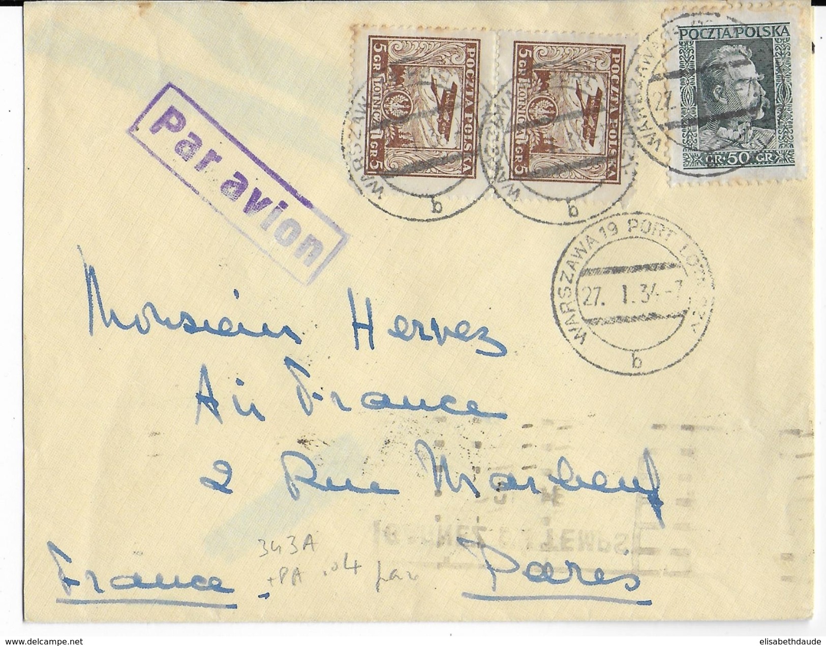 POLOGNE - 1934 - ENVELOPPE Par AVION De VARSOVIE => PARIS - POSTE AERIENNE - Posta Aerea