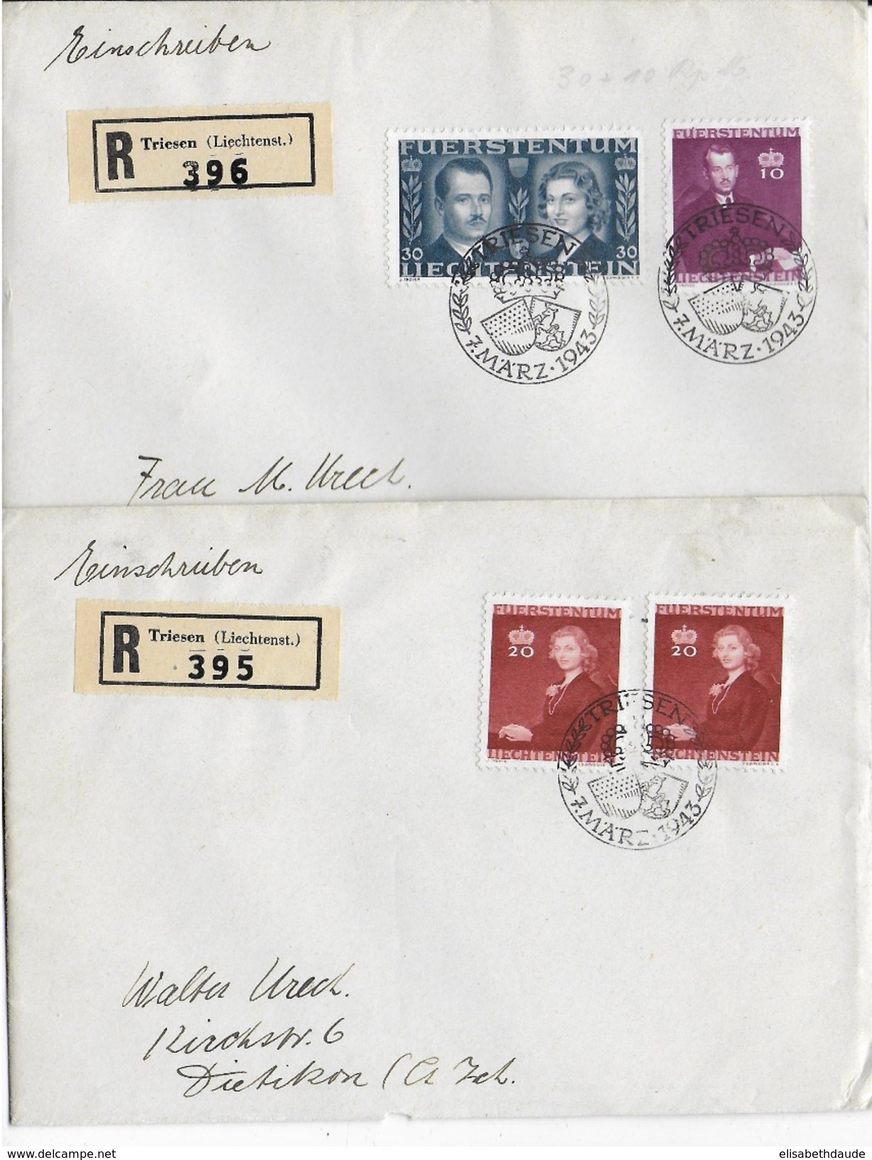LIECHTENSTEIN - 1943 - 2 ENVELOPPES RECOMMANDEES FDC De TRIESEN => DIETIKON (SUISSE) - Covers & Documents