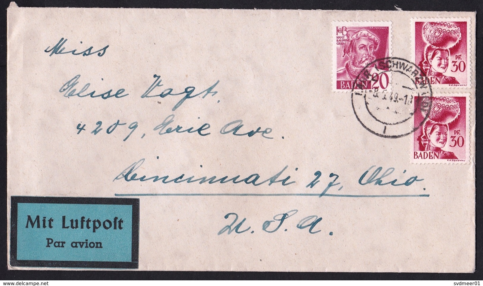 Germany - Baden: Airmail Cover Lahr To USA, 1949, 3 Stamps, Rare Airmail Label (traces Of Use) - Altri & Non Classificati