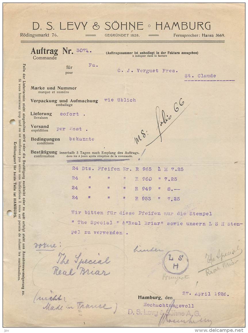 FACTURE - LETTRE : HAMBURG - D.S. LEVY &amp; SOHNE - 1926 - Sonstige & Ohne Zuordnung