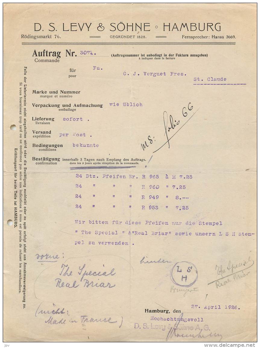 FACTURE - LETTRE : HAMBURG - D.S. LEVY &amp; SOHNE - 1926 - Autres & Non Classés