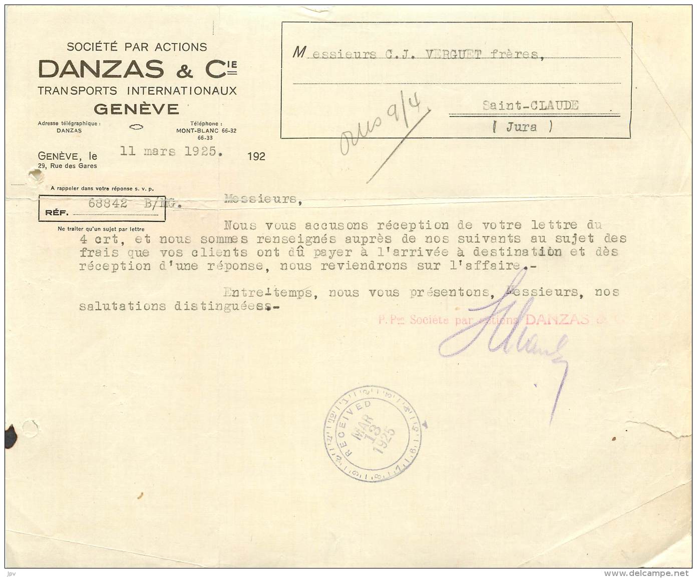 FACTURE - LETTRE : GENEVE - TRANSPORTS INTERNATIONAUX - SOCIETE PAR ACTIONS DANZAS &amp; CIE - 1925 - Switzerland