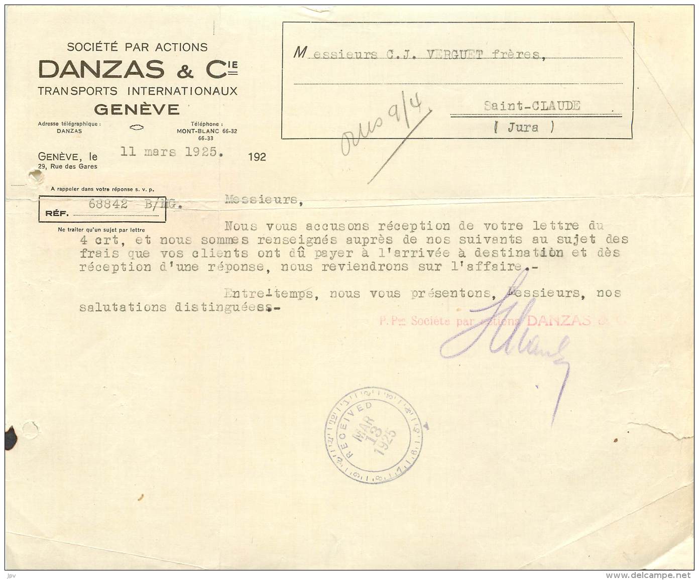 FACTURE - LETTRE : GENEVE - TRANSPORTS INTERNATIONAUX - SOCIETE PAR ACTIONS DANZAS &amp; CIE - 1925 - Svizzera