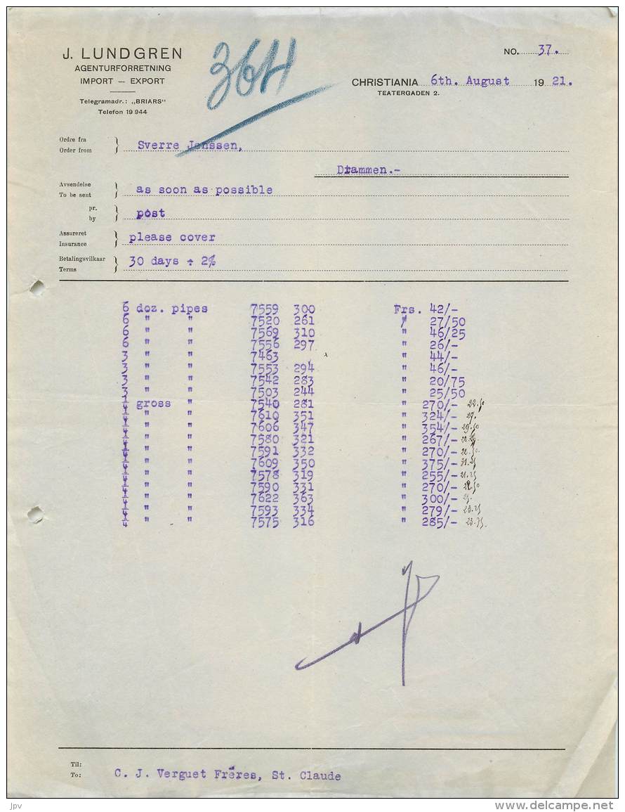 FACTURE - LETTRE : CHRISTIANIA - J. LUNDGREN - 1921 - Netherlands