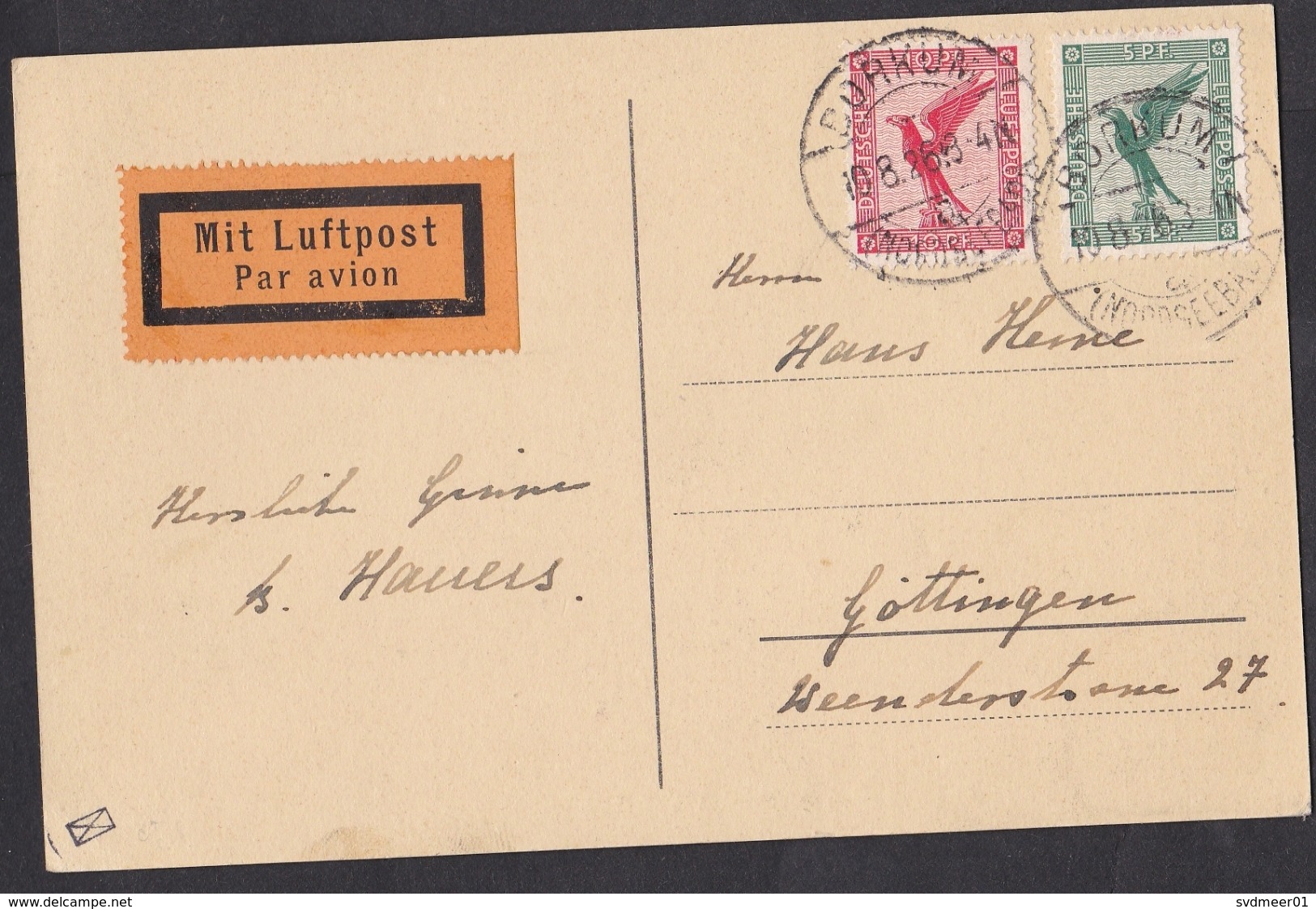 Germany: Airmail Picture Postcard, 1926, 2 Stamps, Cancel Borkum, Rare Air Label, Card: Pension Randa (traces Of Use) - Brieven En Documenten