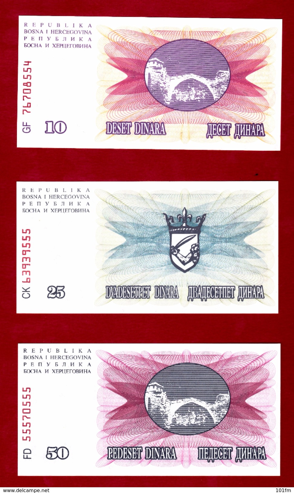 Bosna I Hercegovina , Lot 3 Pcs 10, 25 & 50 Dinara 1992 - Bosnia Erzegovina