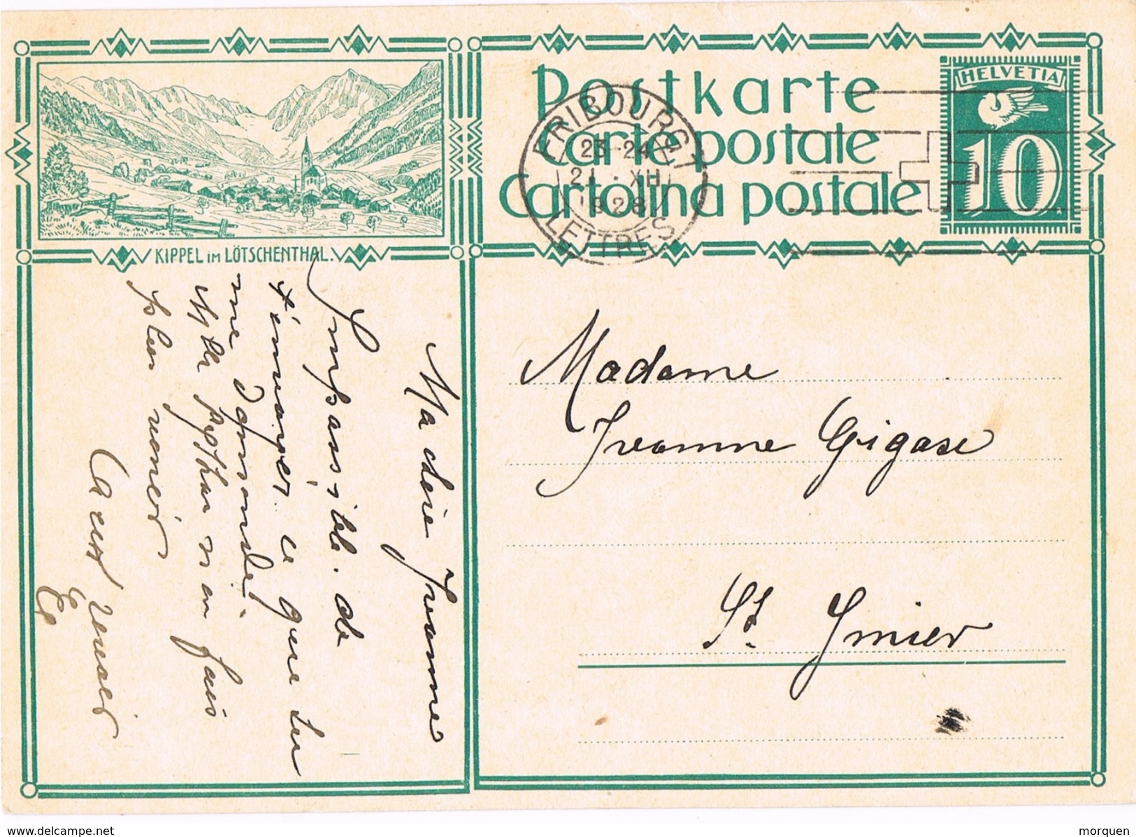 23535. Entero Postal FRIBOURG (Suisse) 1928. Kippel Im Lotschenthal - Enteros Postales