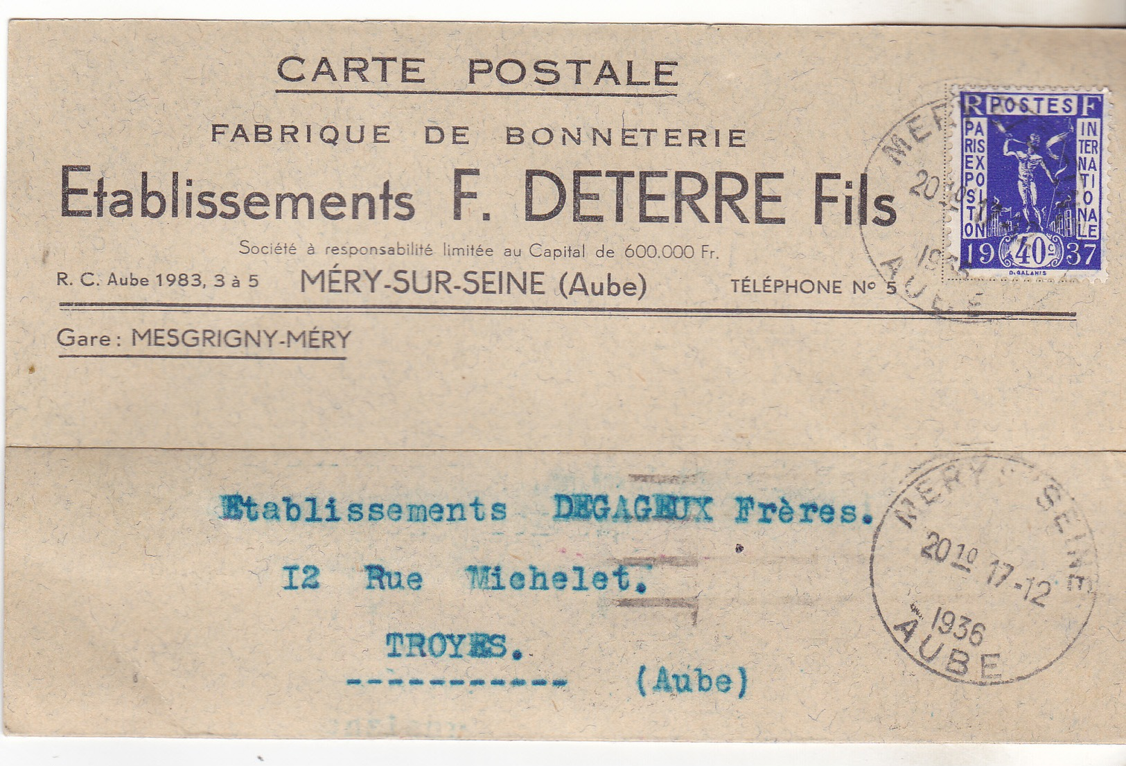 10 Mery Sur Seine- Carte Des Ets FDeterre Fils, Bonneterie,  Datée De 1936 Pour Troyes. Complete Tb état. - Textile & Vestimentaire