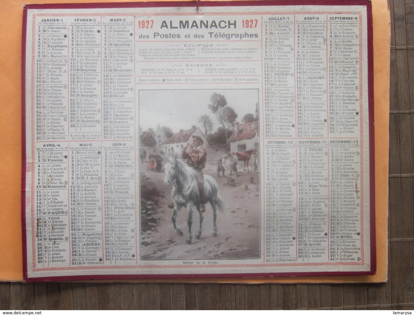 Almanach Des PTT Calendrier  Grand Format Bouches Du Rhône 1927  Illustration Annonceur à Cheval"Le Retour à La Forge" - Grand Format : 1921-40