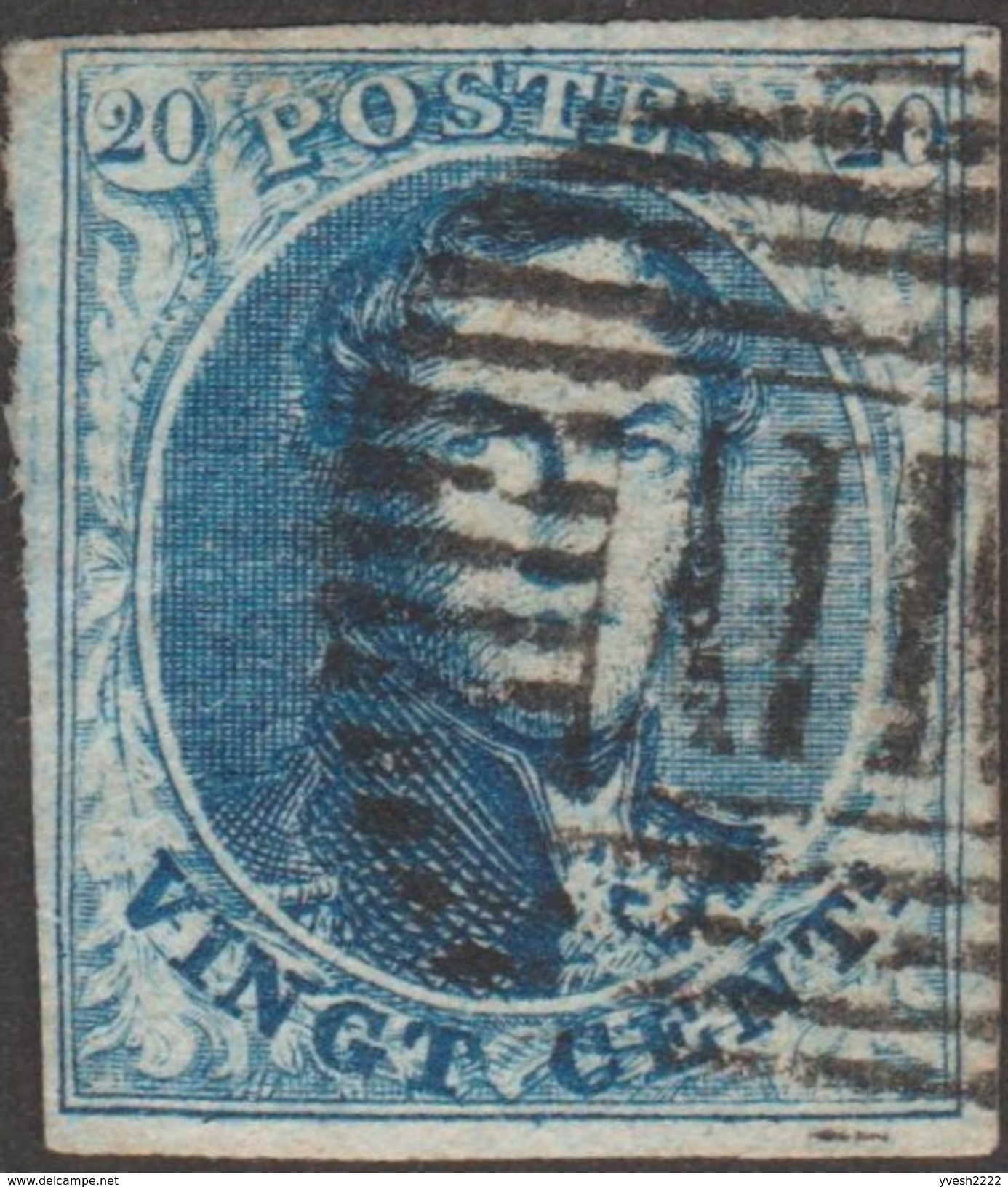 Belgique 1851 COB 7, 20 C Médaillon Filigrane LL. Bleu. Ambulant M IV Horizontal Tournai-Jurbise. Superbe - 1851-1857 Médaillons (6/8)