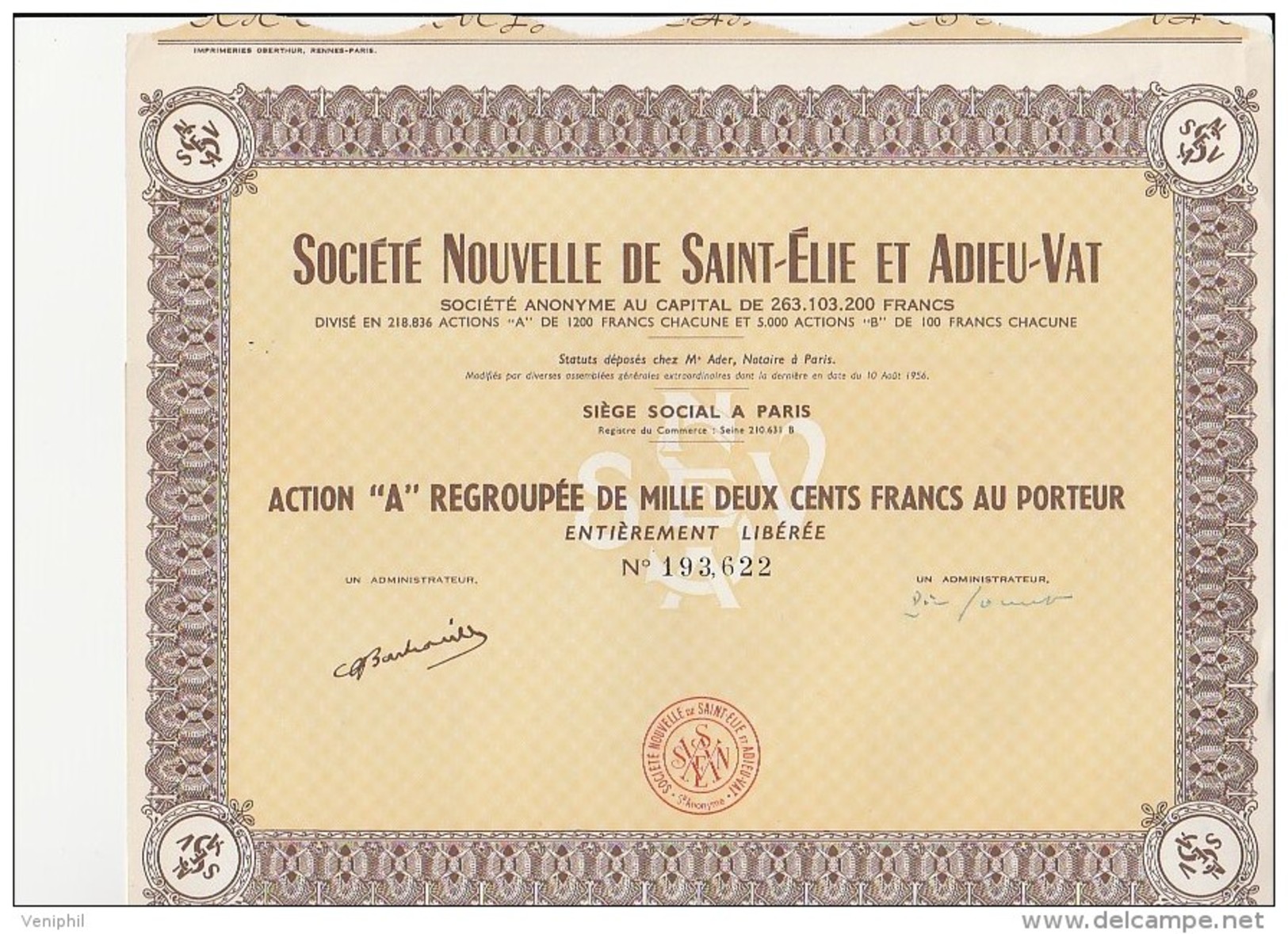 ACTION A- REGROUPEE DE 1200 FRS- SOCIETE NOUVELLE DE SAINT-ELIE ET ADIEU-VAT - Mines