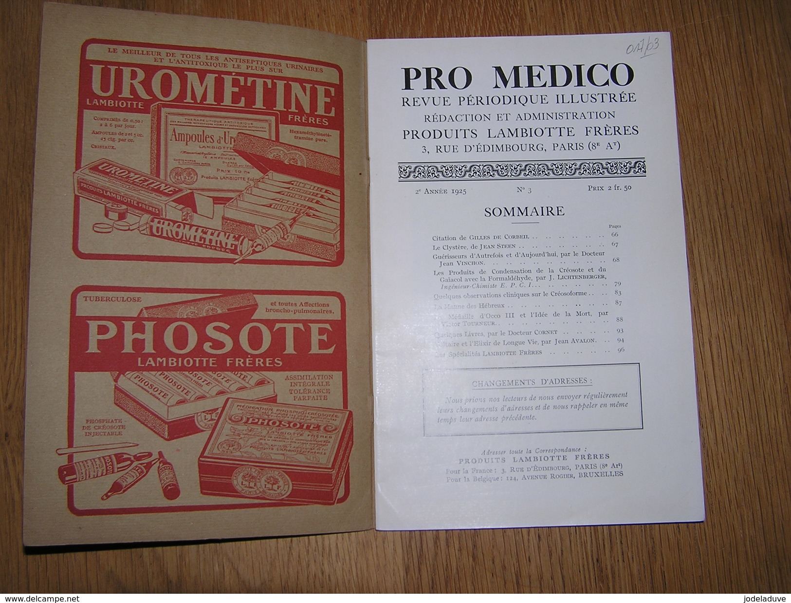 PRO MEDICO Revue N° 3 Année 1925 Lambiotte Médecine Clystère Guérisseurs D' Autrefois Médaille D' Occo Manne Des Hébreux - Geschiedenis