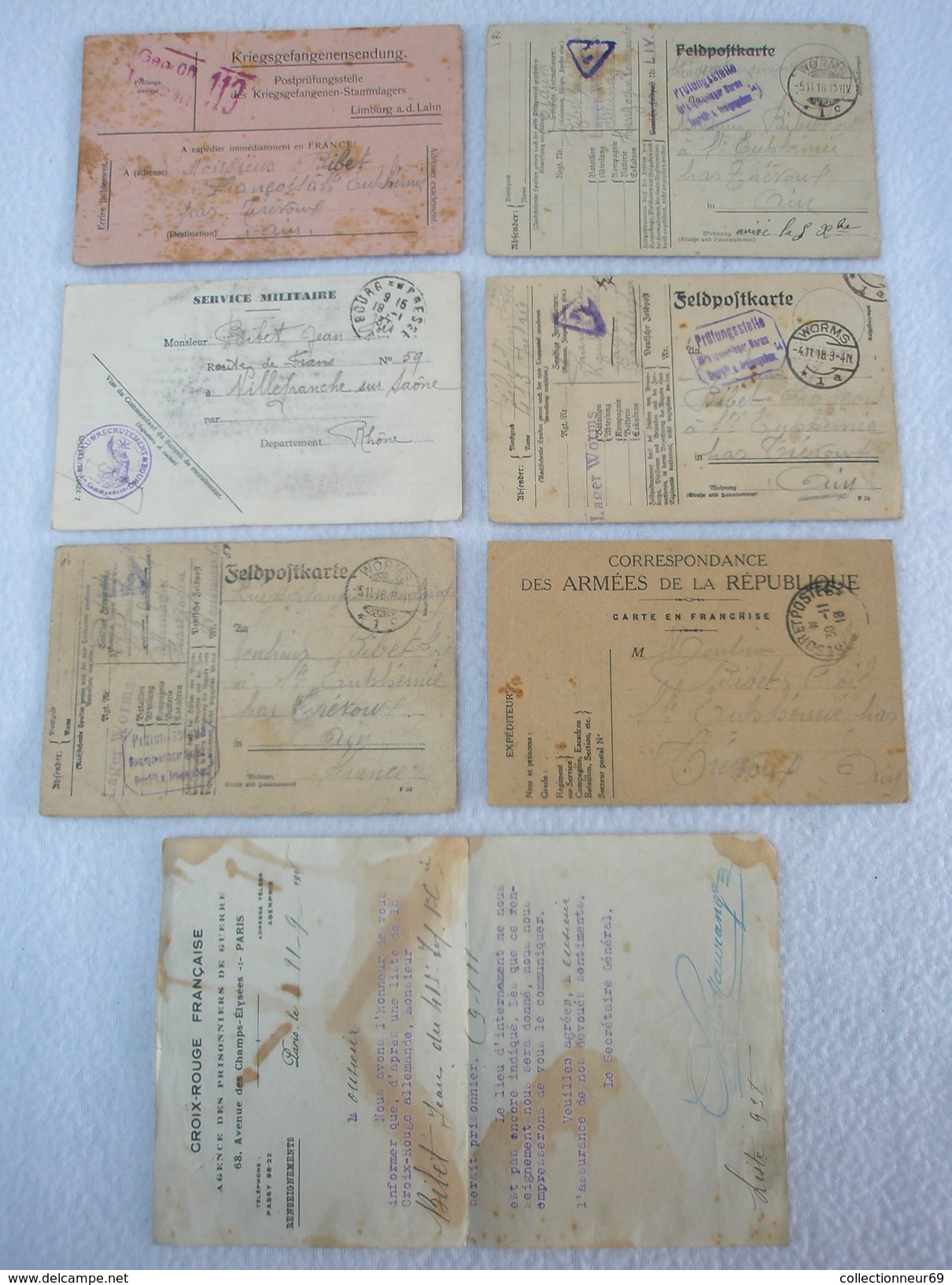 6 CARTES DU POILU 14/18 SOLDAT BIBET JEAN-FRANCOIS PRISONNIER DE GUERRE TITRE DE LIBÉRATION DE 1937 + LETTRE CROIX ROUGE - 1914-18