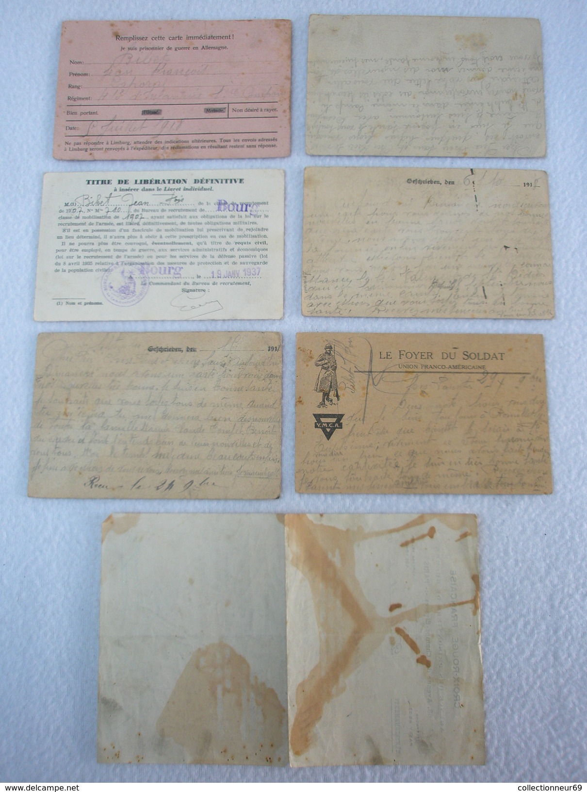 6 CARTES DU POILU 14/18 SOLDAT BIBET JEAN-FRANCOIS PRISONNIER DE GUERRE TITRE DE LIBÉRATION DE 1937 + LETTRE CROIX ROUGE - 1914-18