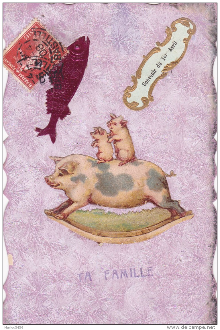 1 Er AVRIL. Souvenir. 2 Pts Cochons Sur Un Gros. Poisson - Erster April