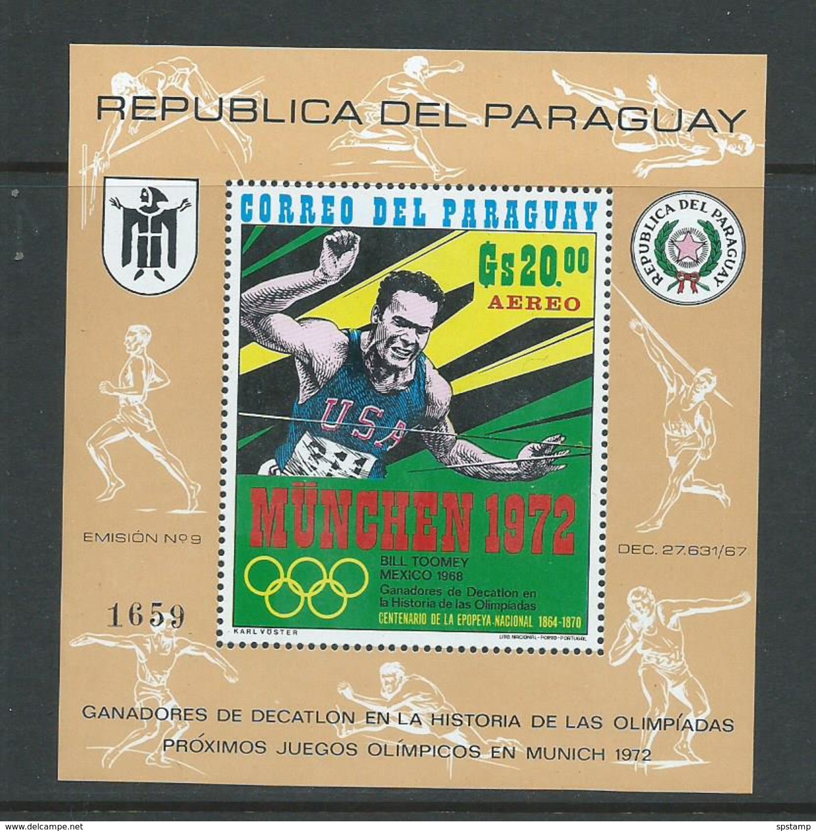 Paraguay 1971 Munich Olympics Bill Toomey Miniature Sheet MNH - Paraguay