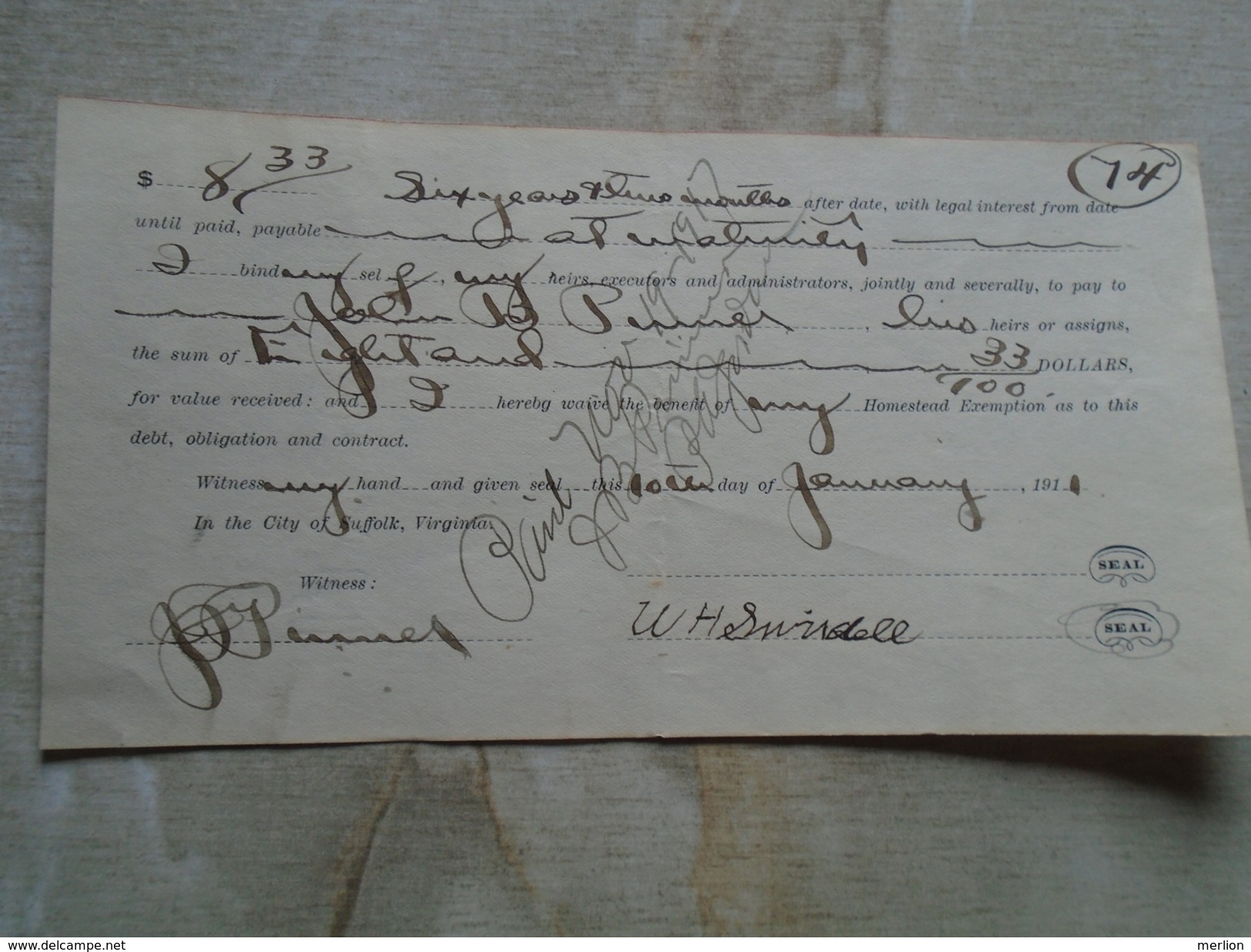 ZA12.4 Suffolk ,Virginia  $8.33  - 1911  Cheque - Cheques & Traveler's Cheques