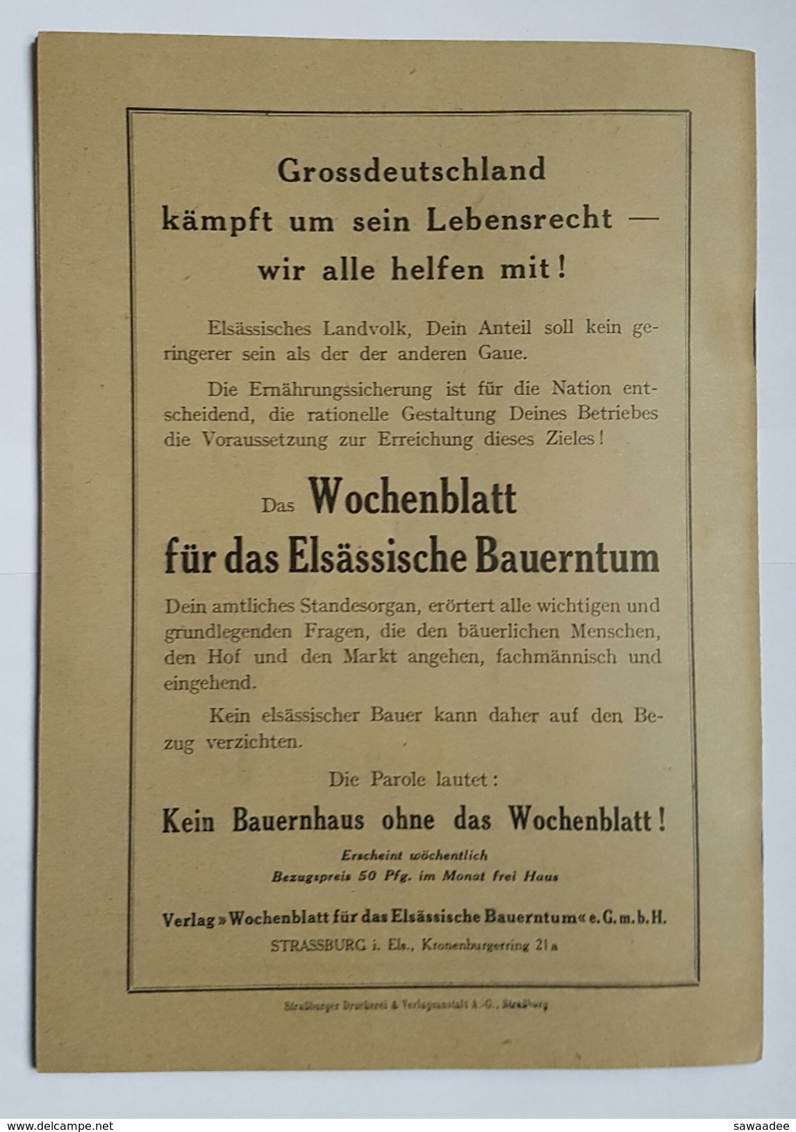 PLAQUETTE - 3° REICH - PROPAGANDE - DER BAUERNHOF IN DER ERZEUGUNGS-SCHLACHT - IMPRIME 0 STRASBOURG - AGRICULTURE - 5. Guerres Mondiales