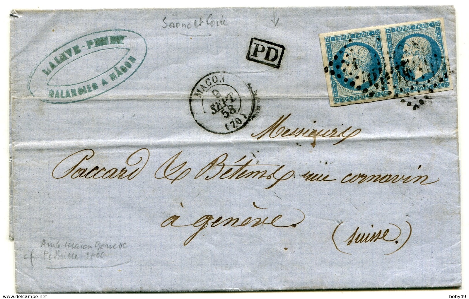 SAONE ET LOIRE De MACON PC 1824 Sur N°14 En Paire Sur LAC Du 09/09/1858 Pour LA SUISSE+ Cachet PD Noir - 1849-1876: Période Classique