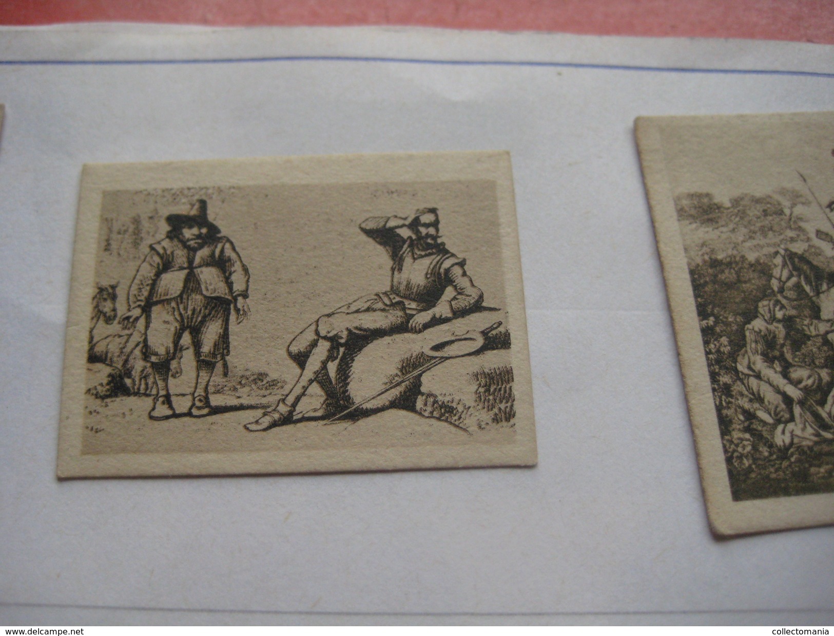 79 Figuritas diff Thomas - Barcelona. Figuras De Cervantes ORIGINALES (3,3 x 4,5 cms.) glued down with paperstrip LITHO