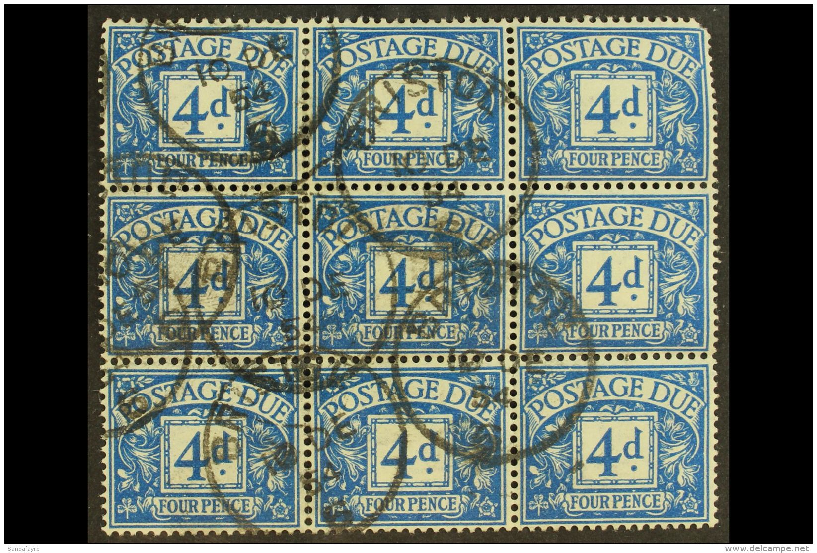 POSTAGE DUES 1951-52 4d Blue, SG D38, Used BLOCK Of 9 (3x3) Cancelled By "Bristol" Cds's, Top Right Stamp With... - Non Classés