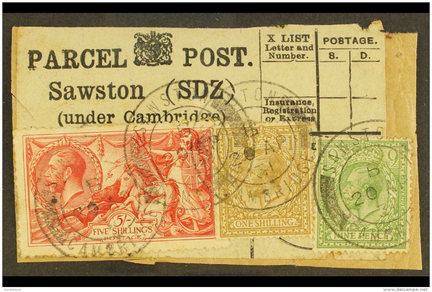 1931 5s Sea Horse On Parcel Post Label Printed For "Sawston (under Cambridge), KGV 9d &amp; 1s Alongside, Fine... - Unclassified