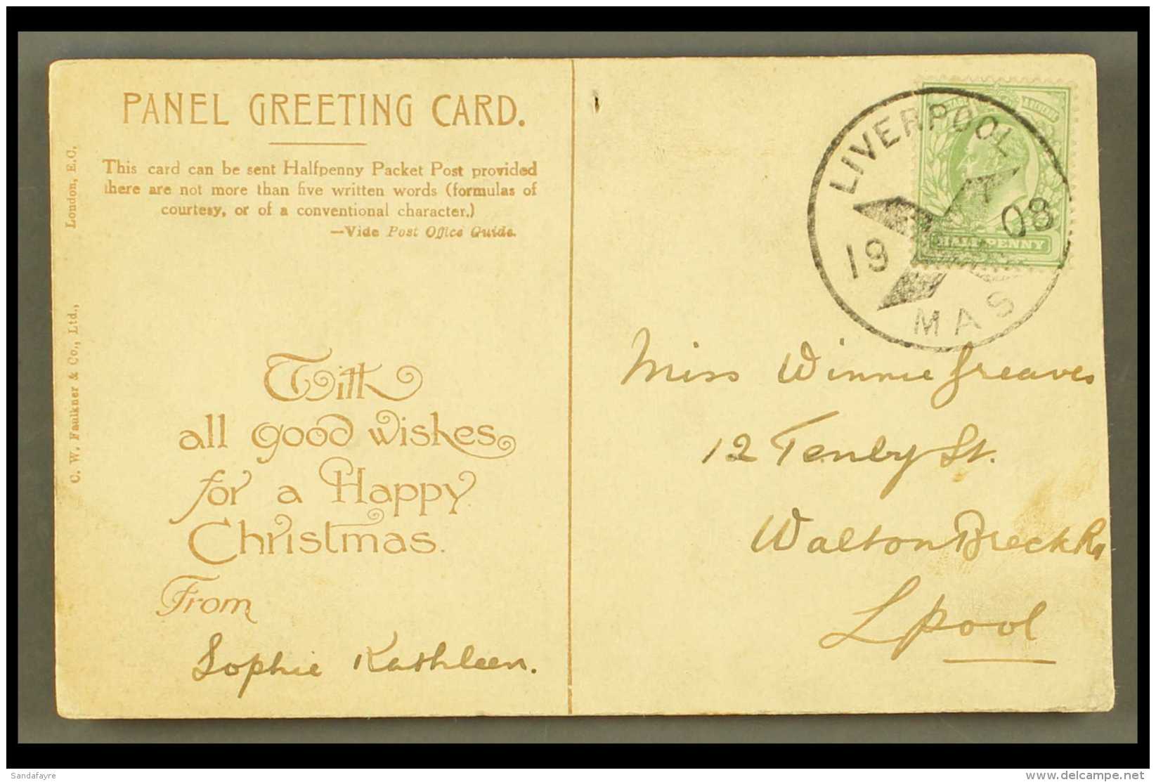 POSTED IN ADVANCE FOR CHRISTMAS DAY 1908 Liverpool Type 4 Cds, Fine Strike On Postcard. For More Images, Please... - Non Classés