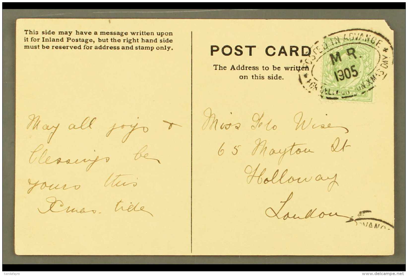 POSTED IN ADVANCE FOR CHRISTMAS DAY Manchester Oval, Code MR 1905, Fine Strike On Postcard To London, Corner Nick.... - Unclassified