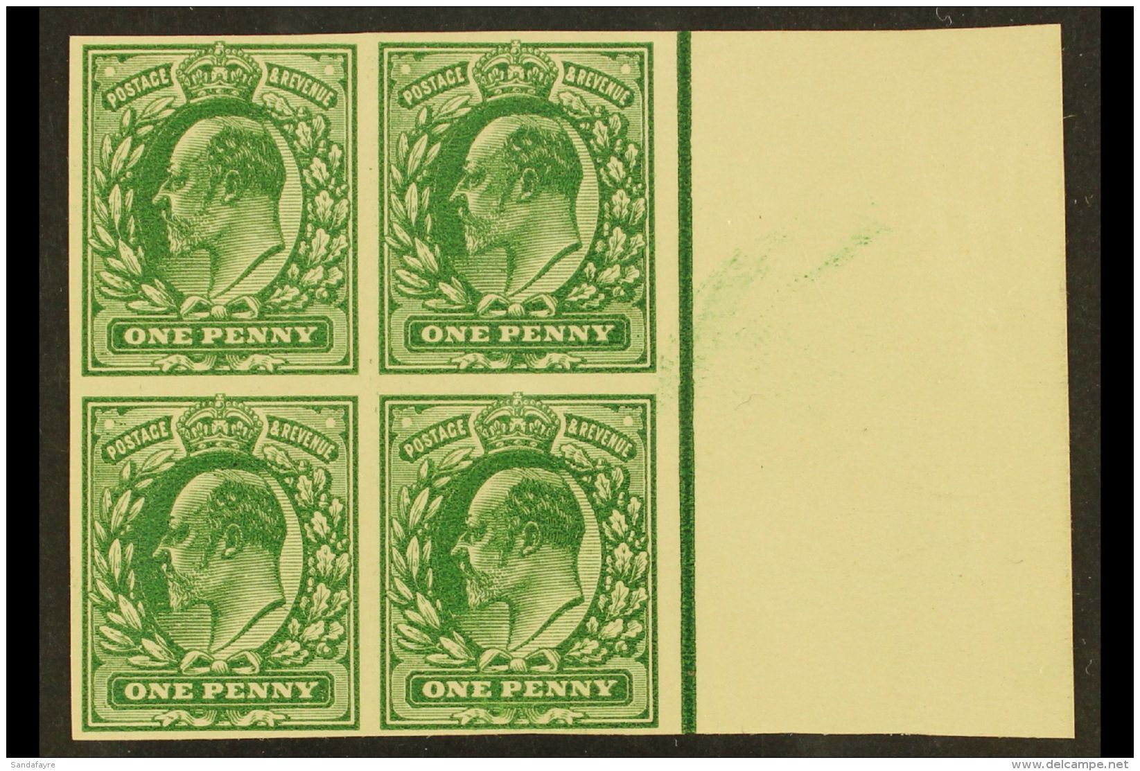 1902-10 1d IMPERF PLATE PROOF (no Watermark) In Green, A Very Fine Right Marginal BLOCK OF FOUR. For More Images,... - Unclassified