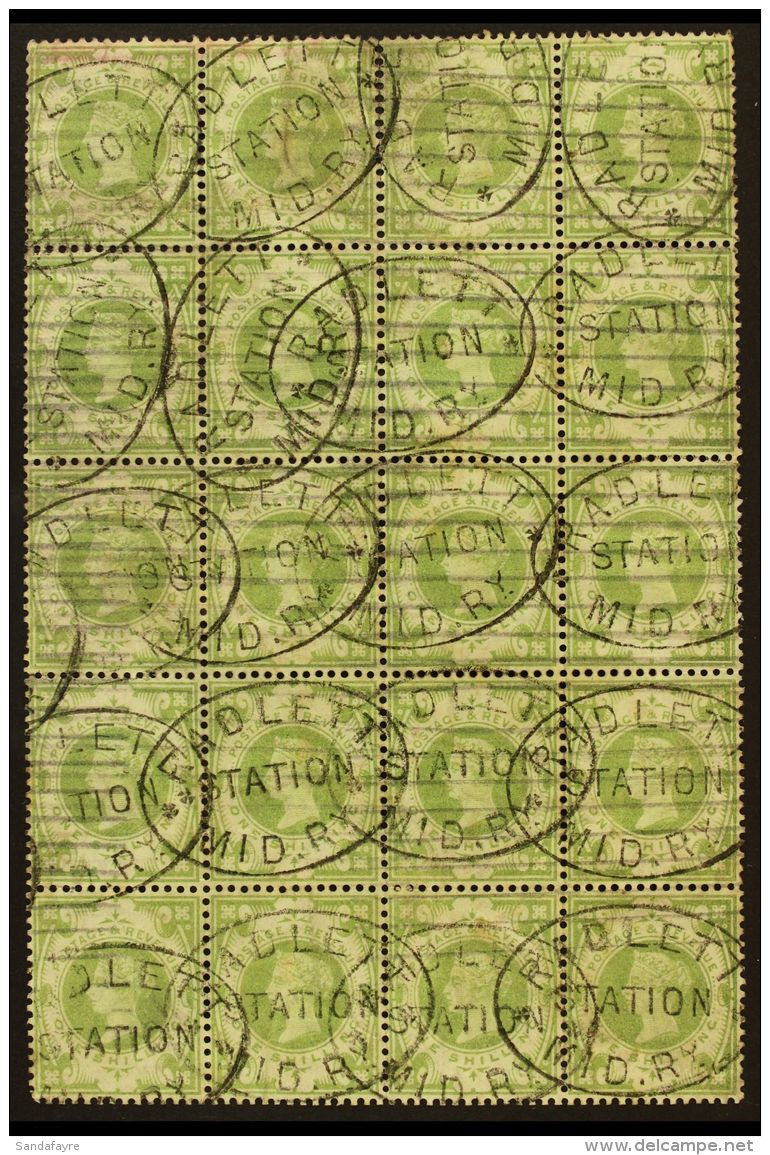 1887 1s Dull Green, SG 211, Block Of Twenty, With "RADLETT STATION MID. RY" (Hertfordshire) Oval Cancels, Rather... - Autres & Non Classés