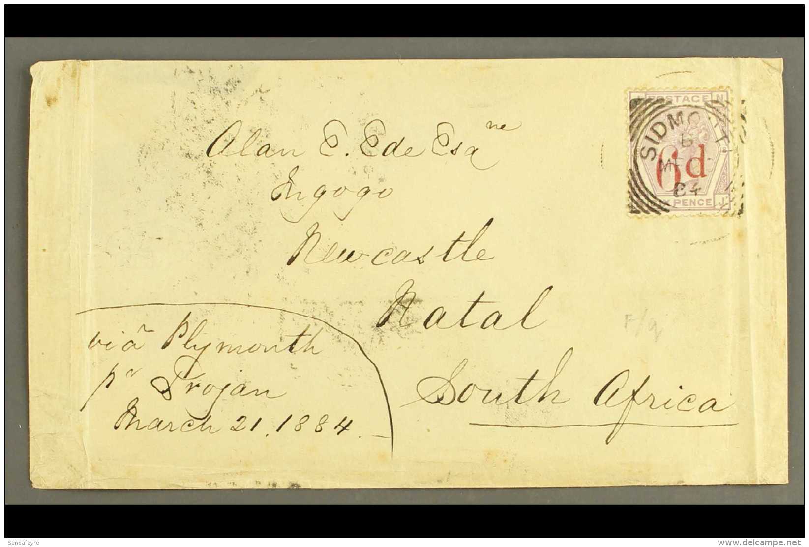 1884 (20 MAR) COVER TO NATAL Bearing 1883 6d On 6d "slanting Dots" Variety, SG 162a, Tied By "SIDMOUTH" Squared... - Other & Unclassified